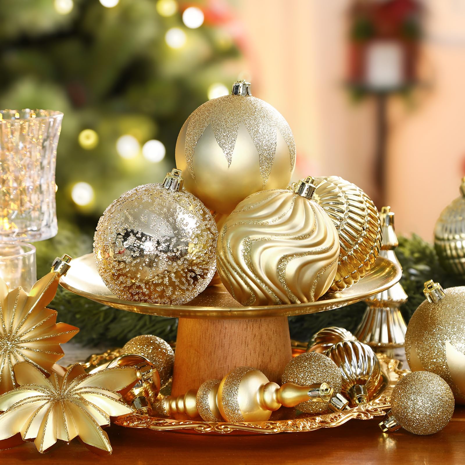 80pcs Deep and Light Gold Flowers, Ribbons, Stars Christmas Balls Ornaments Set with Hanging Strings