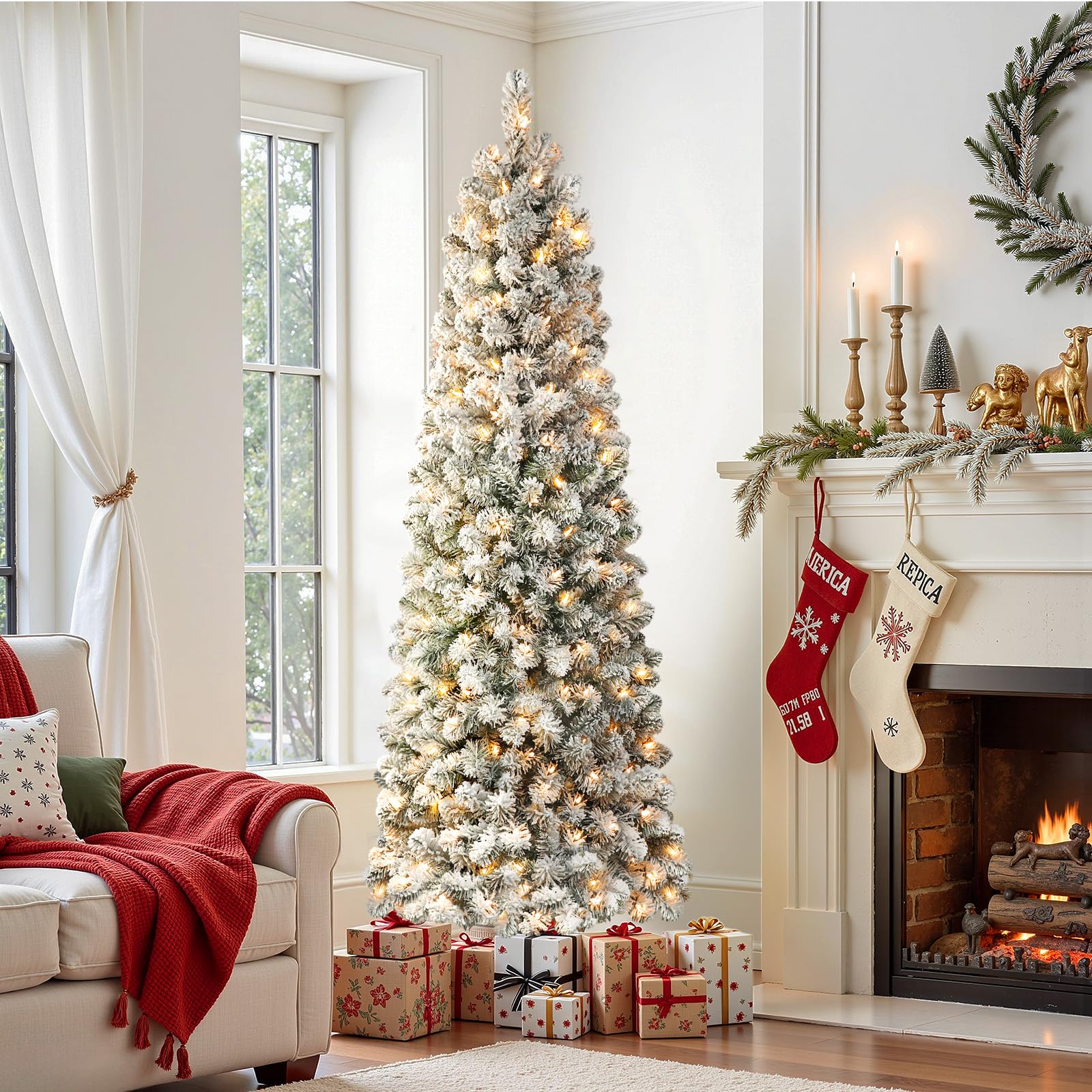 9ft Prelit Pencil Christmas Tree, Snow Flocked Artificial Hinged Slim Pencil Tree with Warm White Lights, Full Branch Tips, Perfect Choice Decoration for Xmas Holiday