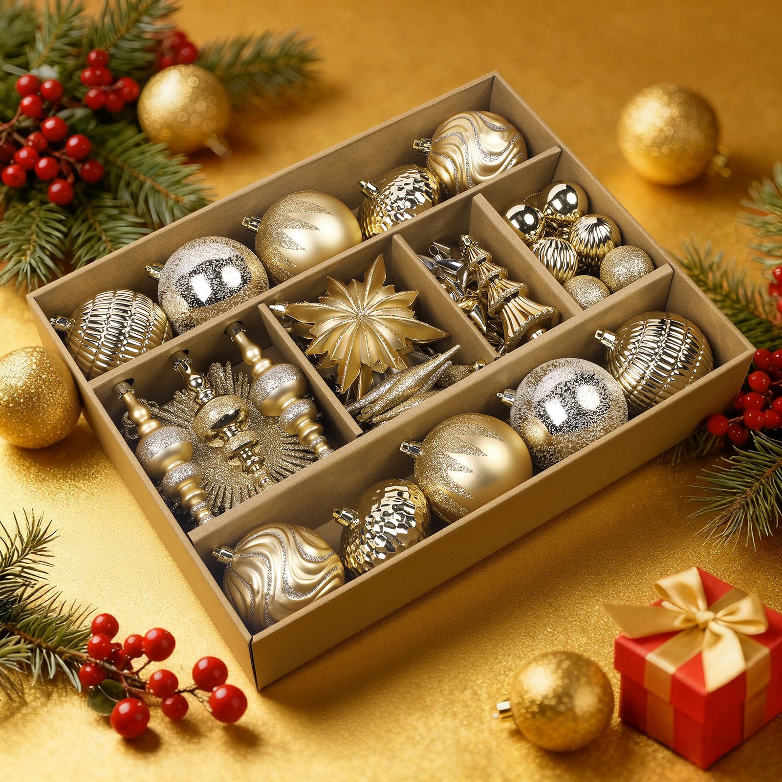 80pcs Deep and Light Gold Flowers, Ribbons, Stars Christmas Balls Ornaments Set with Hanging Strings