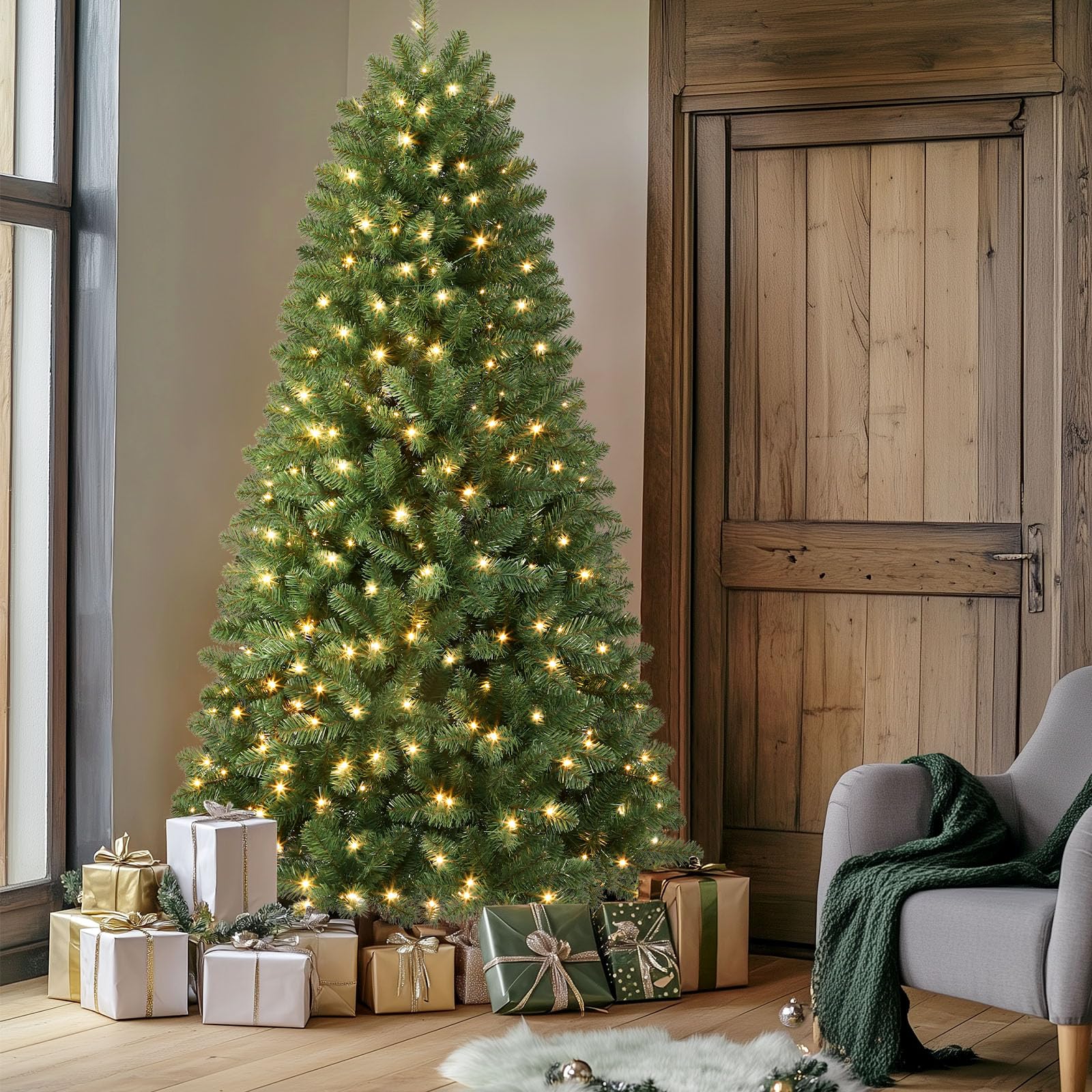 7.5ft Prelit 350 Warm White Lights 998 Branch Premium Artificial Hinged Christmas Tree-Green - SHareconn