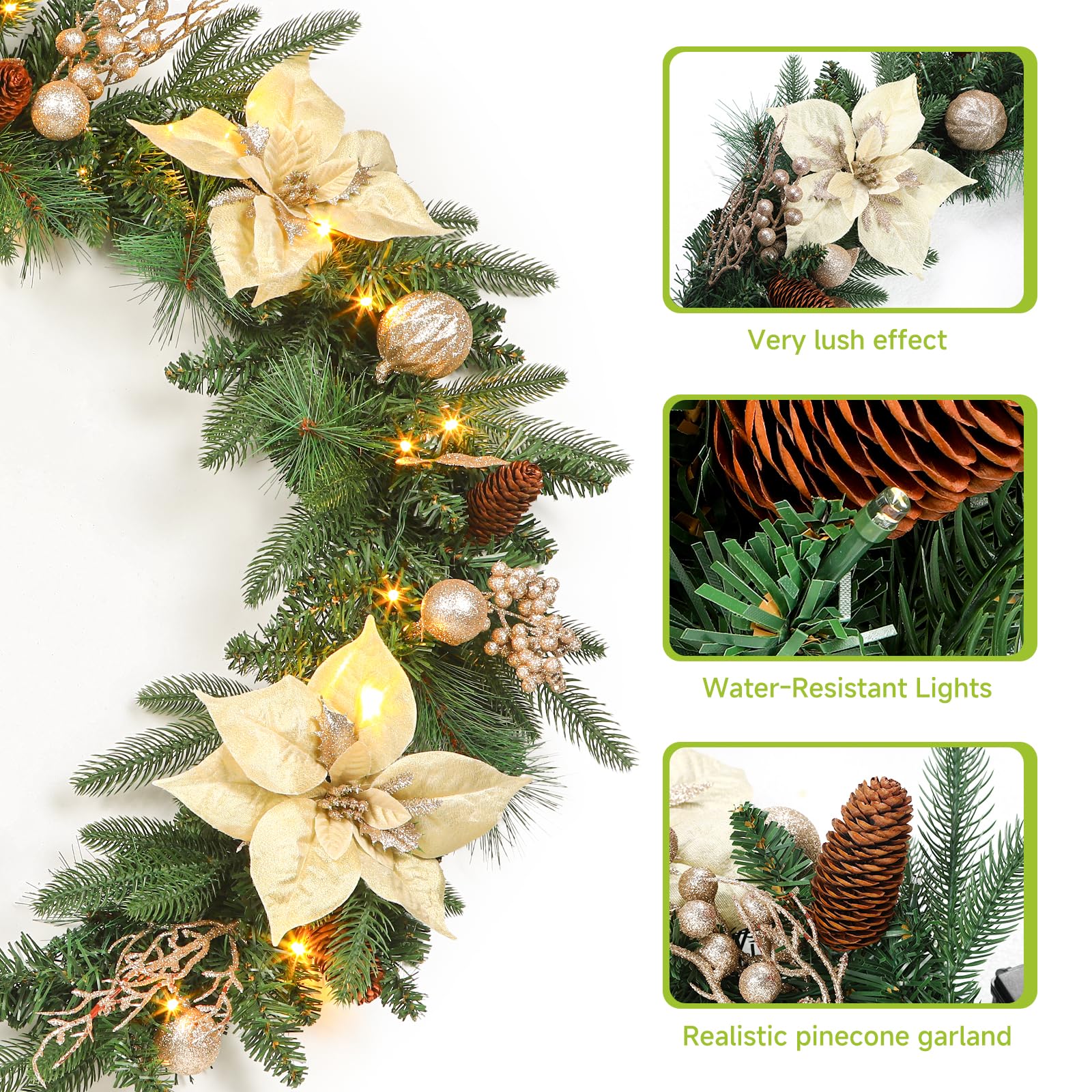 SHareconn Prelit Christmas Garland Decorations with Multi-Color LED Lights Battery-Operated Timer Lighted Garland with Ball Poinsettia