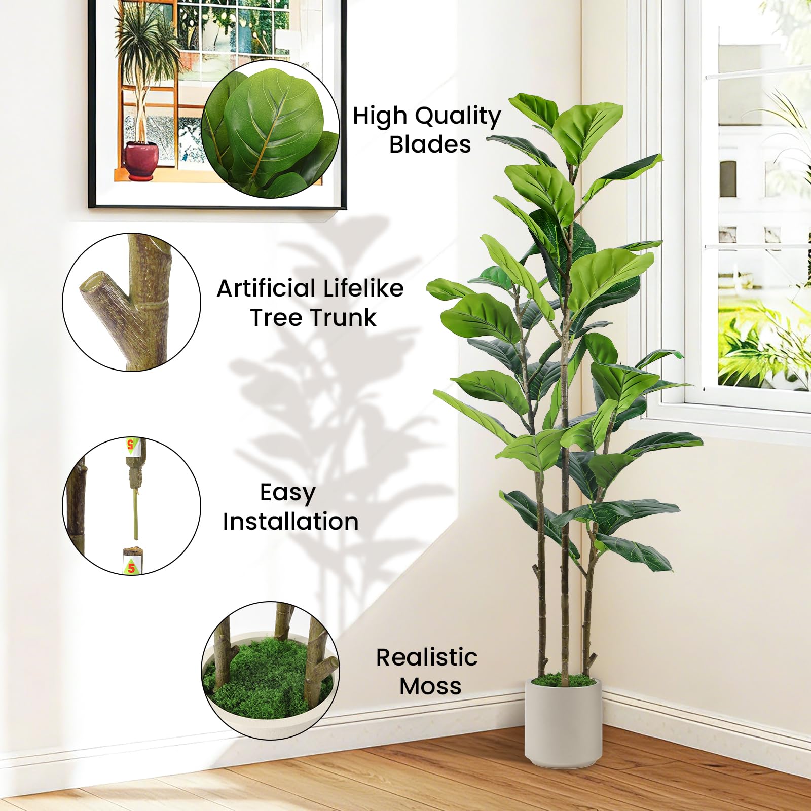Artificial Fiddle Leaf Fig Tree with White Planter Pot - SHareconn