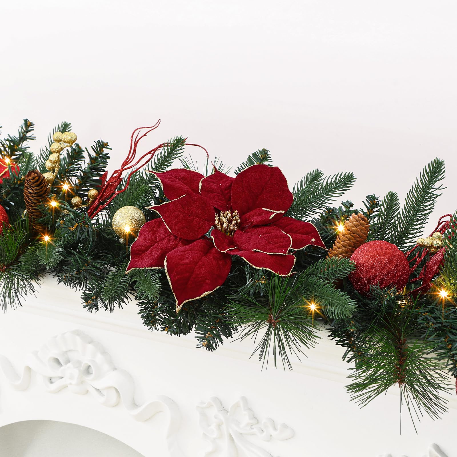 9FT Pre-Lit Christmas Garland with LED Lights & Timer – Red Poinsettia, Pine Cones, Gold Berries & Ornaments for Mantle, Fireplace, Stairs | Battery Operated, Indoor & Outdoor