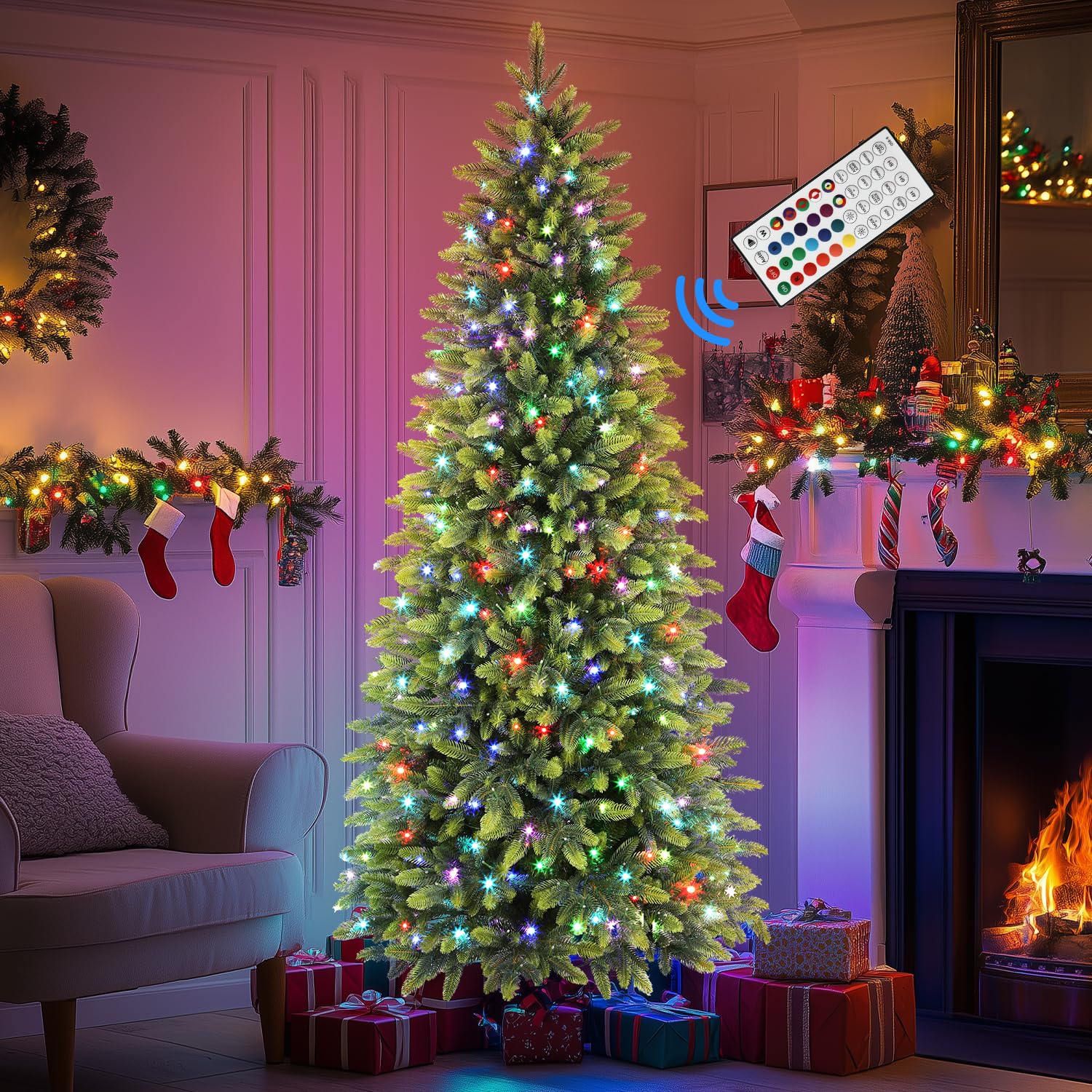 7.5ft Prelit 306 RGB Lights Realistic Artificial Hinged Christmas Tree with 1959 Branch Tip and Remote - SHareconn