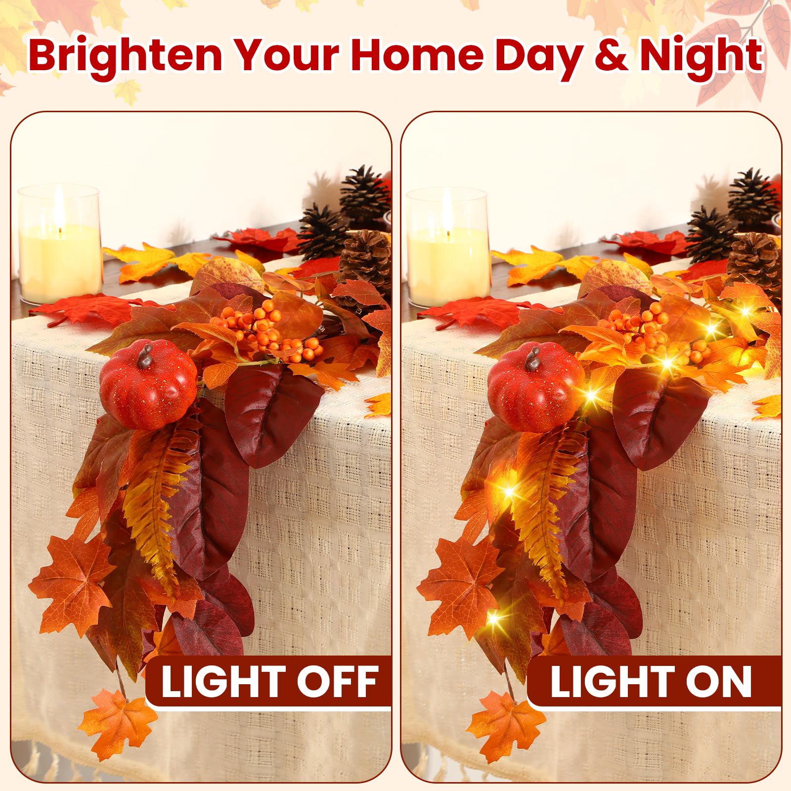 6FT Warm White Light Orange Pumpkin & Maple Leaf Autumn Garland