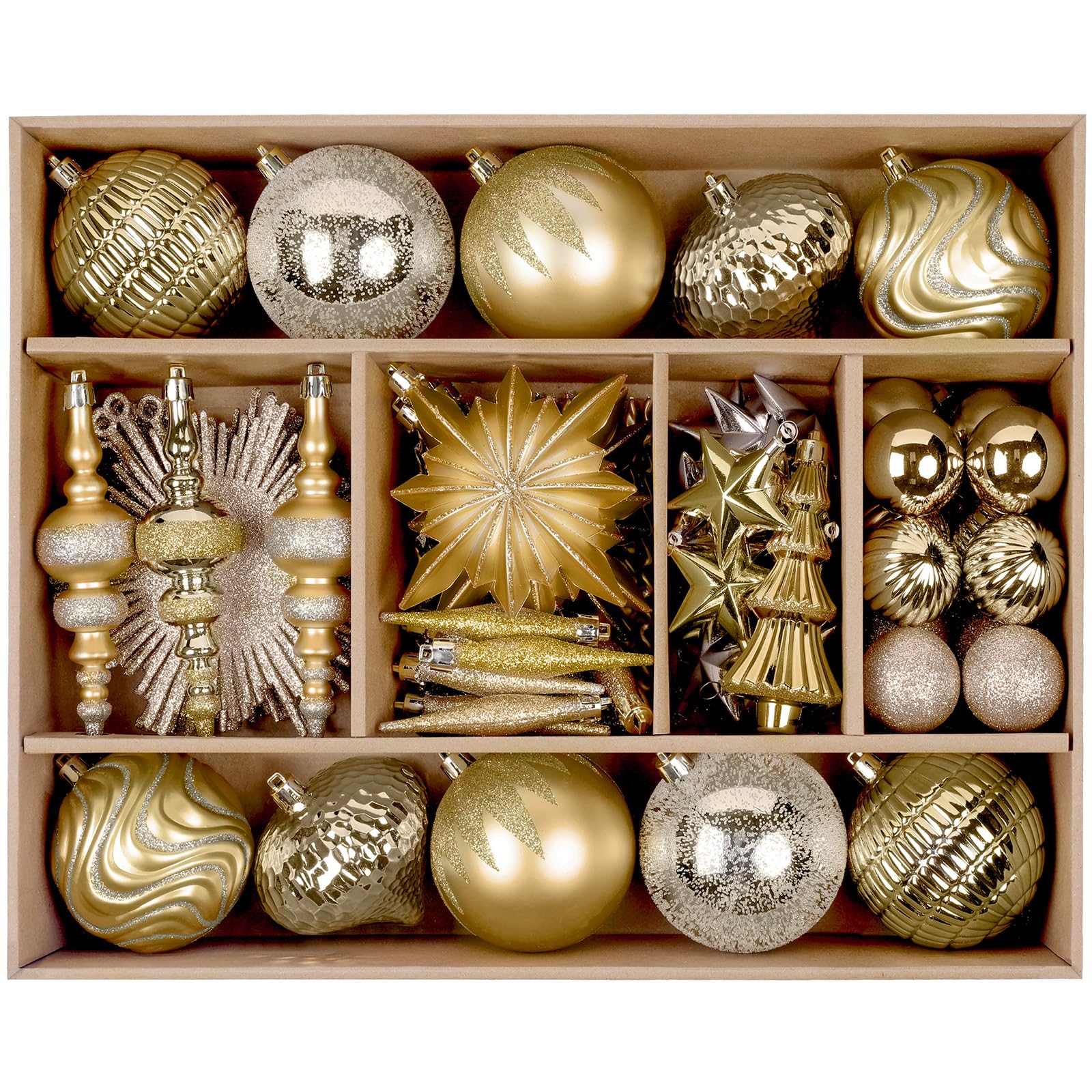 80pcs Deep and Light Gold Flowers, Ribbons, Stars Christmas Balls Ornaments Set with Hanging Strings