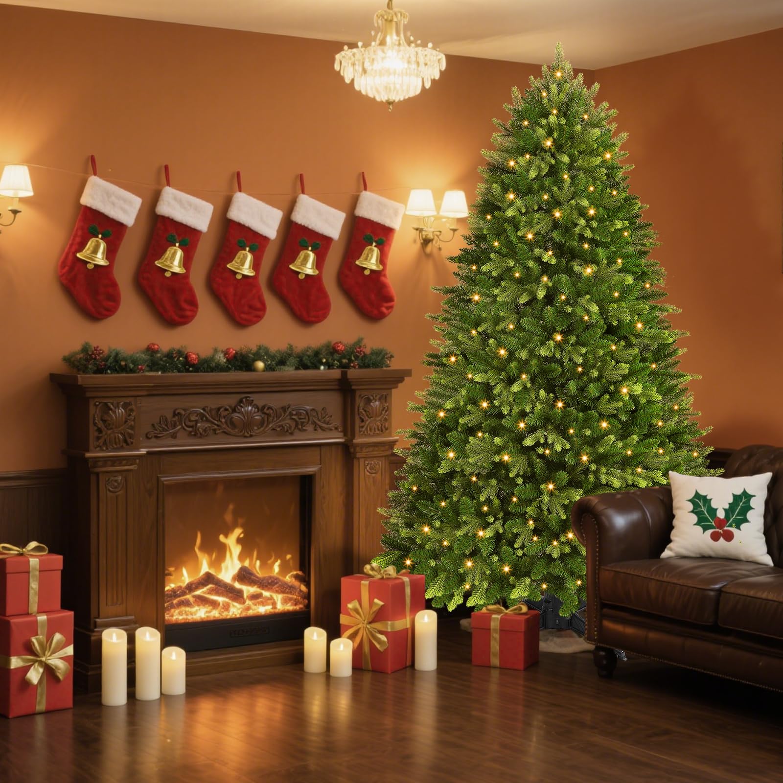 Prelit Realistic Lush Fraser Fir Artificial Christmas Tree with Twinkle Warm White Light and 360° Rotating Stand