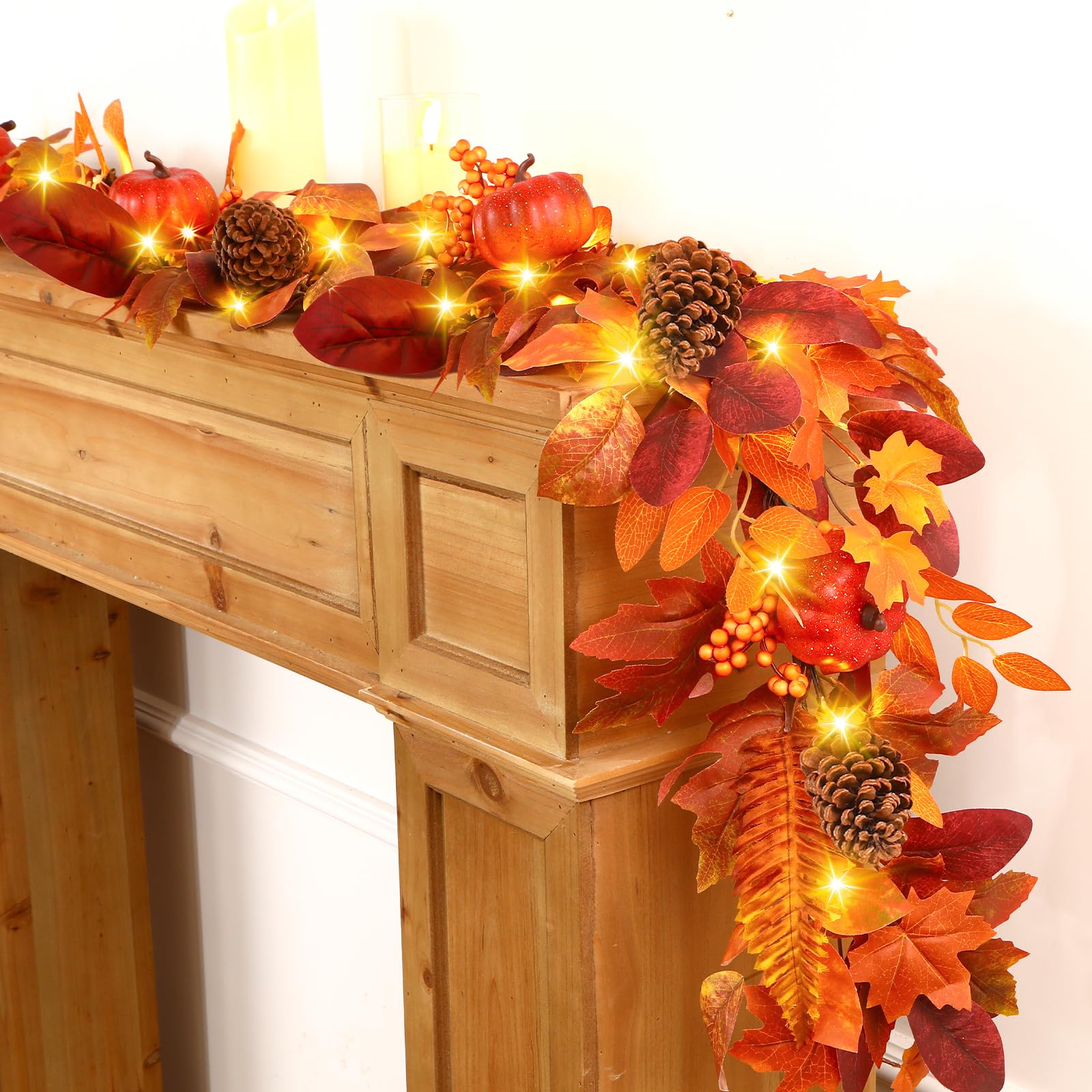 6FT Warm White Light Orange Pumpkin & Maple Leaf Autumn Garland