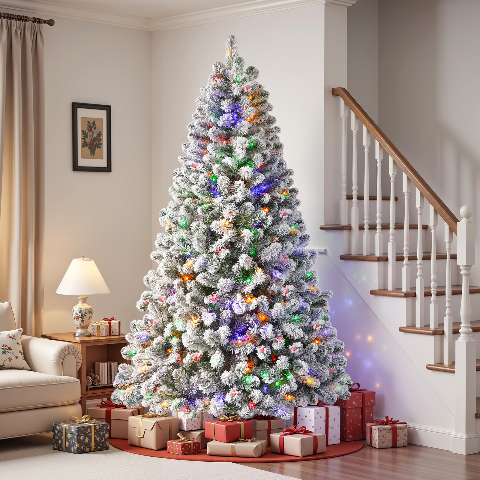 7ft Flocked Spruce Artificial Hinged Christmas Tree with Multi Color Lights - SHareconn