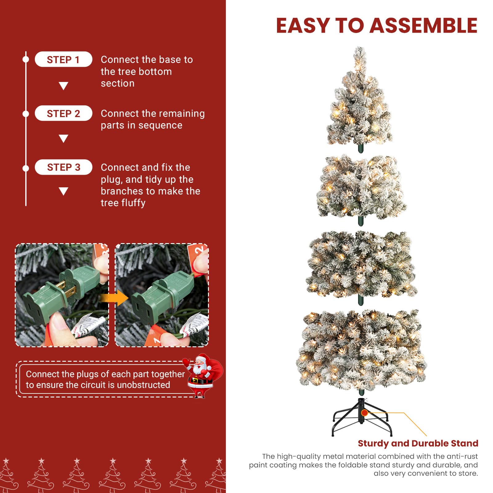 9ft Prelit Pencil Christmas Tree, Snow Flocked Artificial Hinged Slim Pencil Tree with Warm White Lights, Full Branch Tips, Perfect Choice Decoration for Xmas Holiday