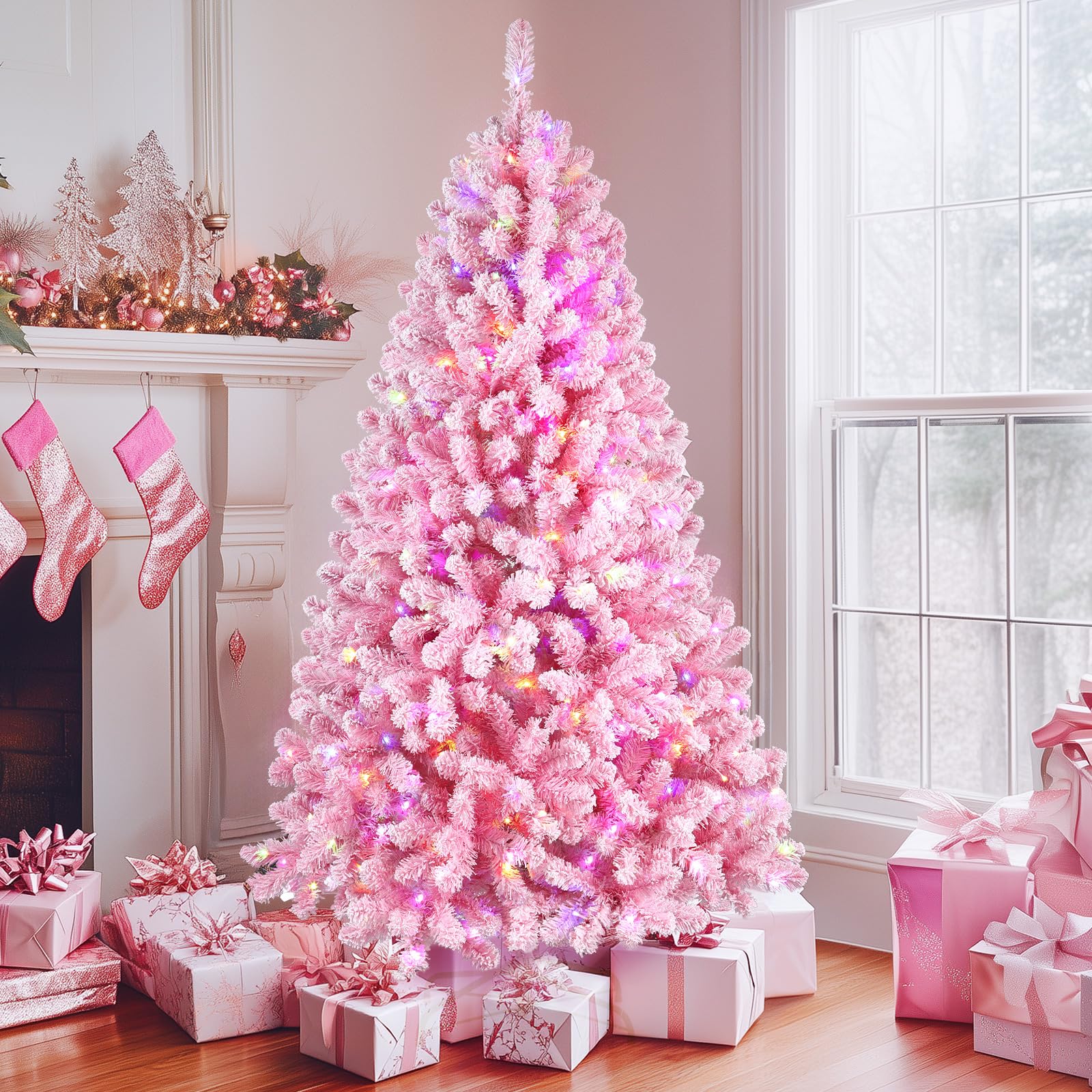 Prelit Multi-Color RGB Lightst Snow Flocked Artificial Holiday Christmas Tree with Remote - SHareconn