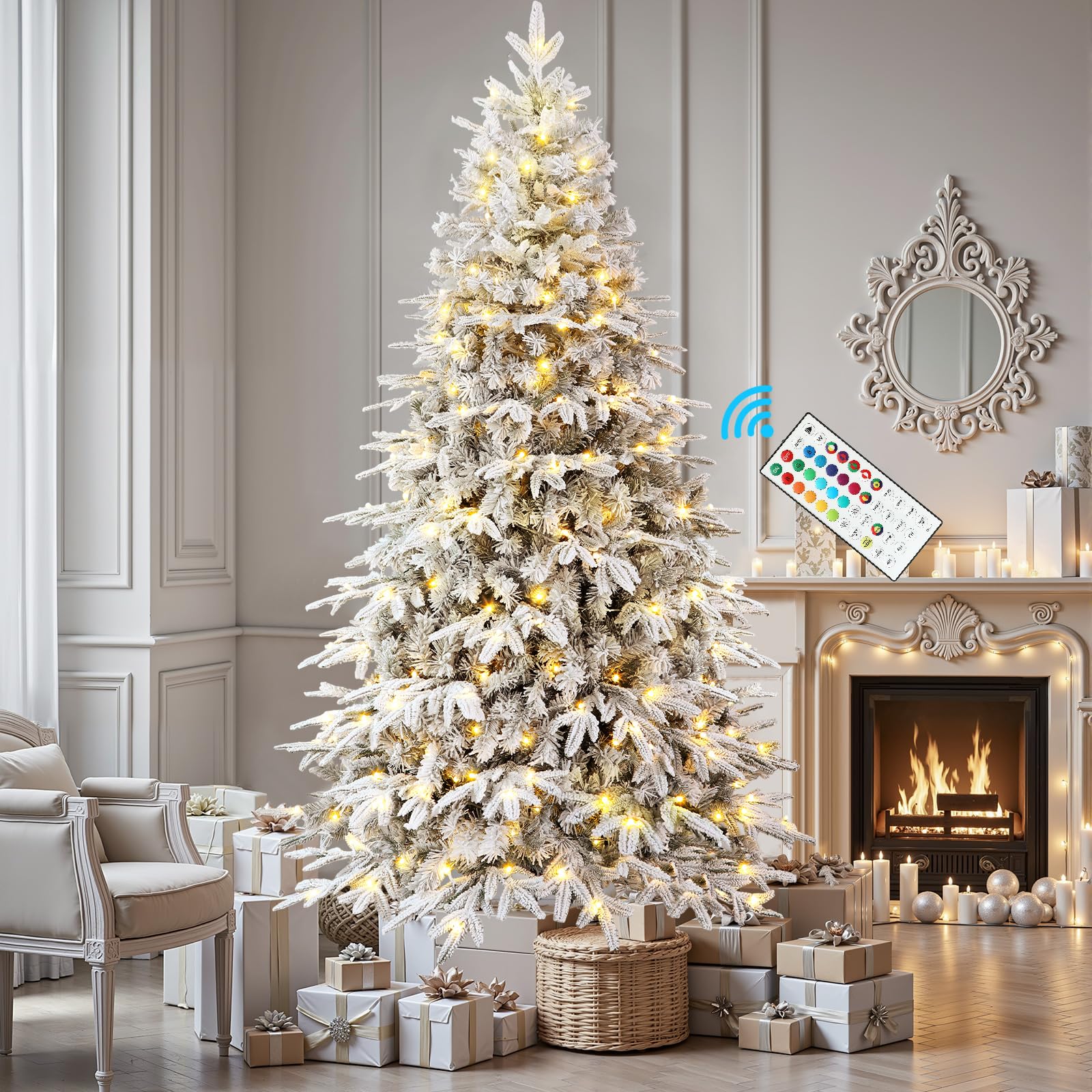 7.5ft Snow Flocked Layered Aspen Noble Fir Tree Artificial Christmas Tree with 400 RGB Lights Remote with 1465 Branch Tips - SHareconn