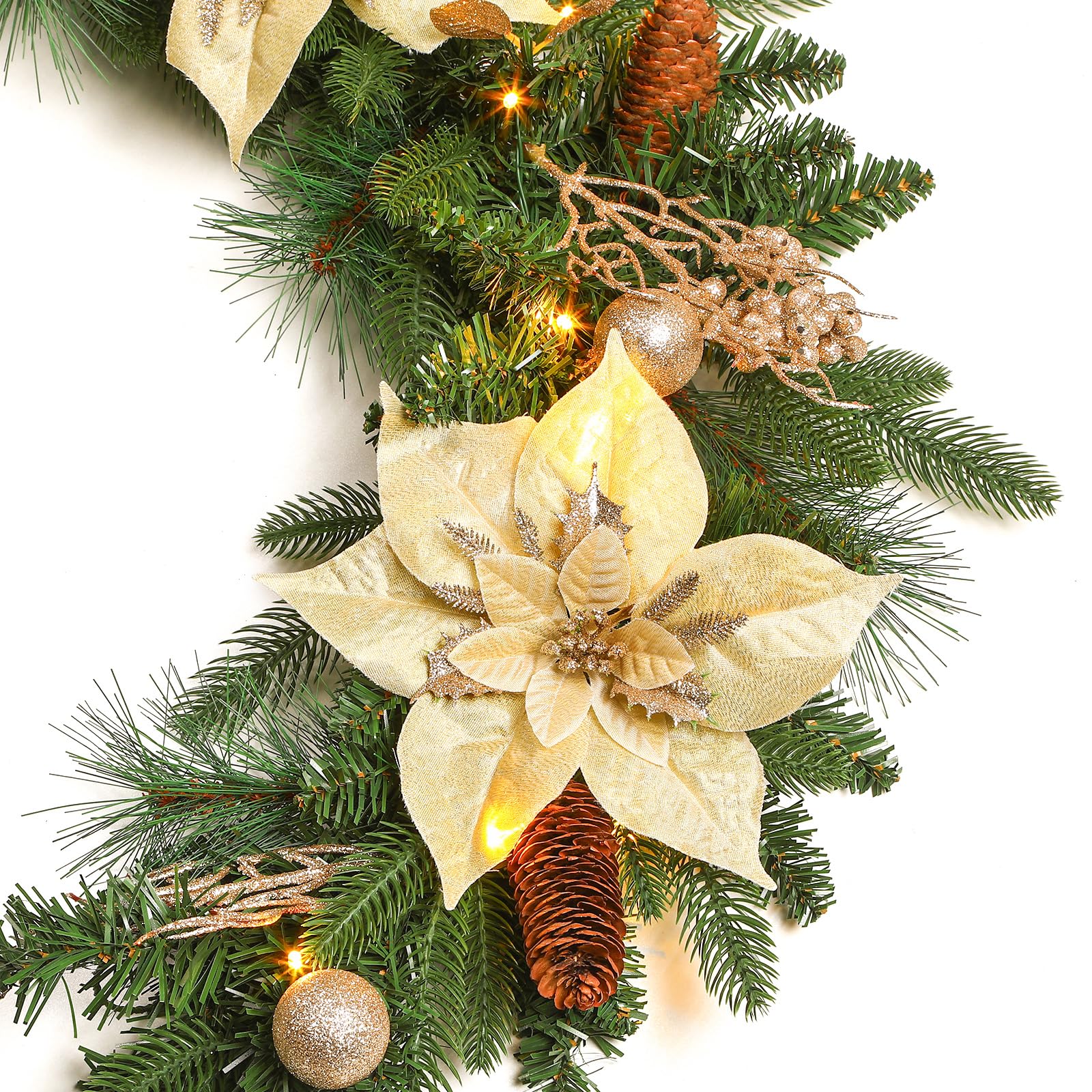 SHareconn Prelit Christmas Garland Decorations with Multi-Color LED Lights Battery-Operated Timer Lighted Garland with Ball Poinsettia