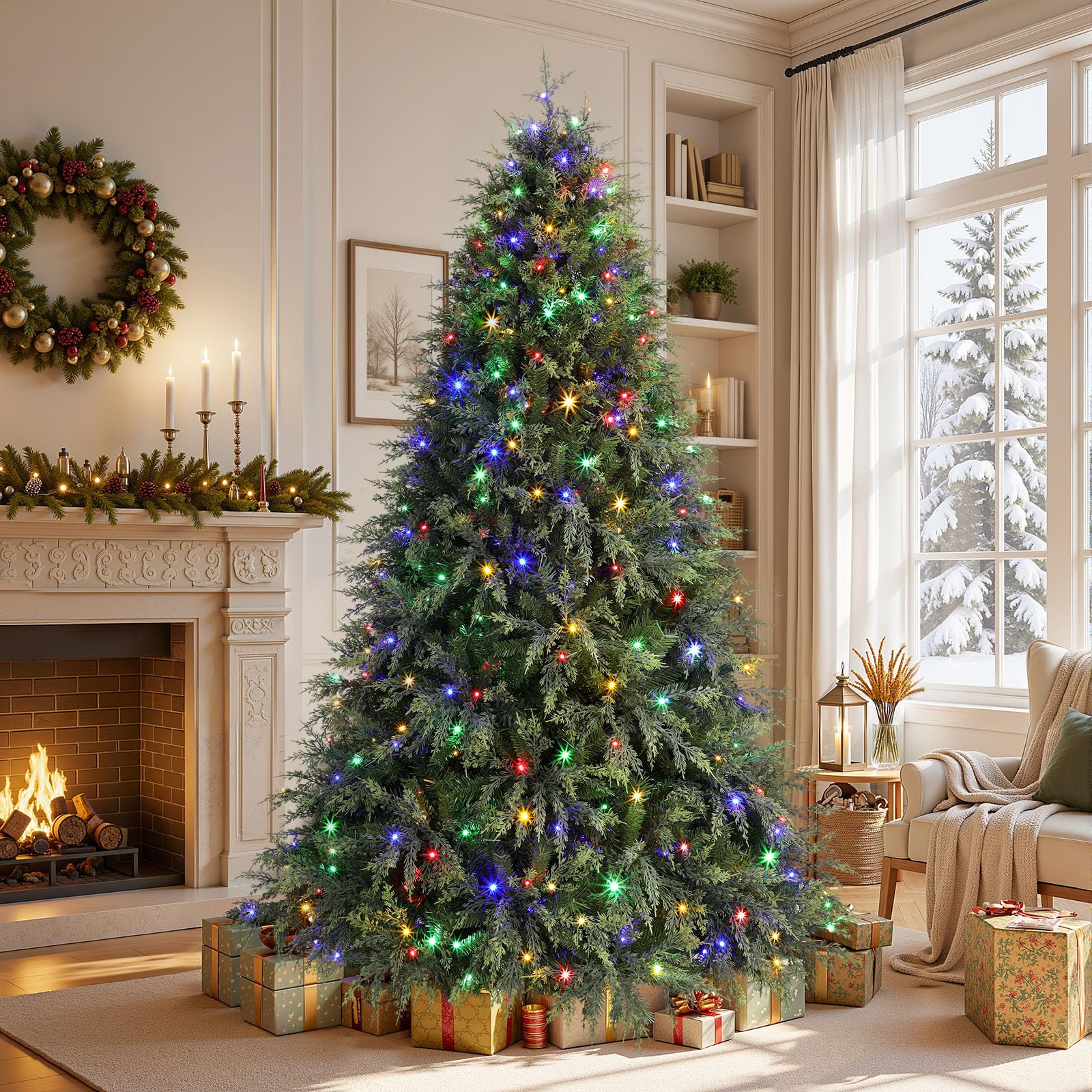 7ft Prelit Cedar Cypress Artificial Christmas Tree, 1420 Leaves & 390 LED Lights, 17 Mode with Remote