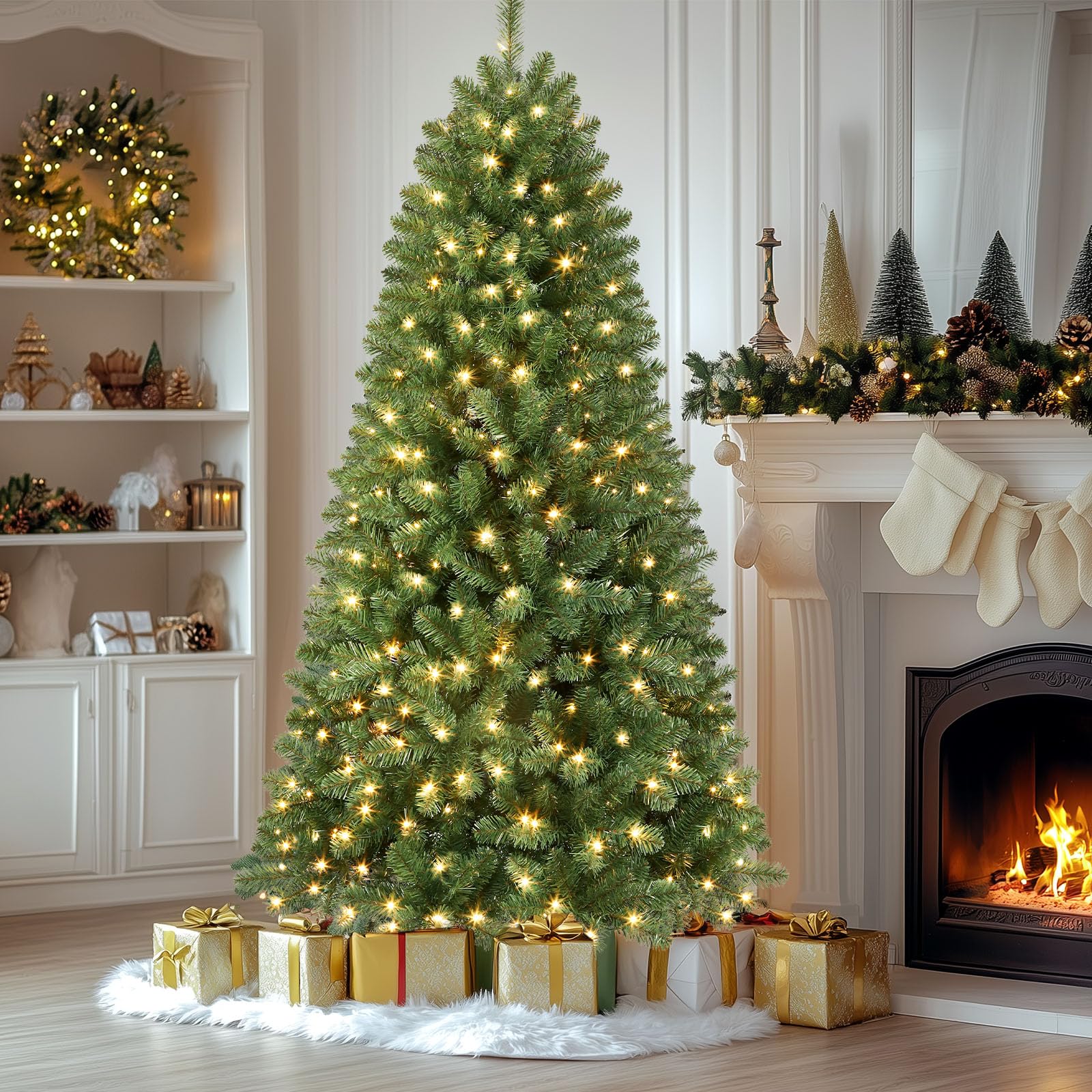 7.5ft Prelit 350 Warm White Lights 998 Branch Premium Artificial Hinged Christmas Tree-Green - SHareconn