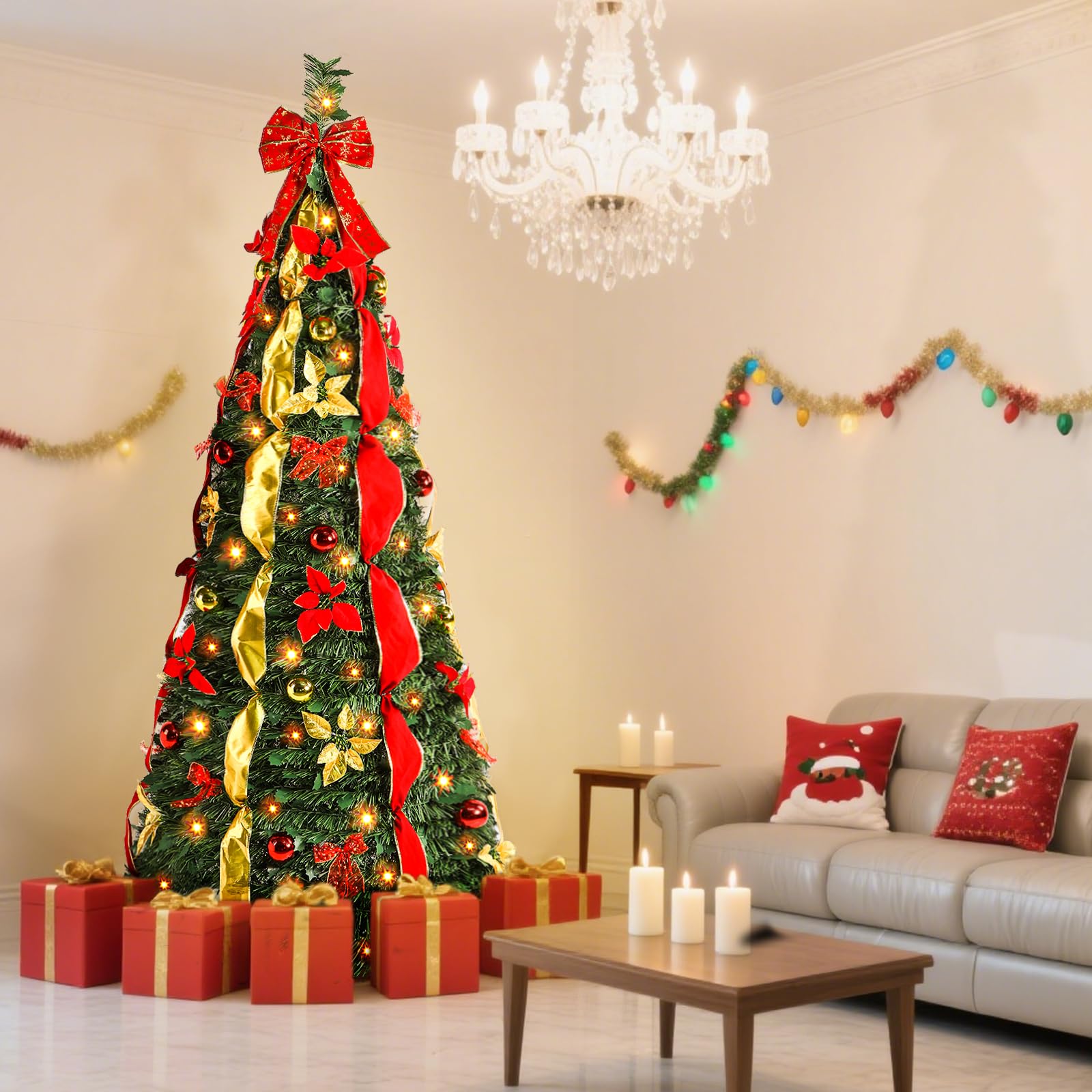 7ft Pop Up Warm White & Multi-Color Lights Artificial Christmas Tree with Red&Gold Decorations - SHareconn