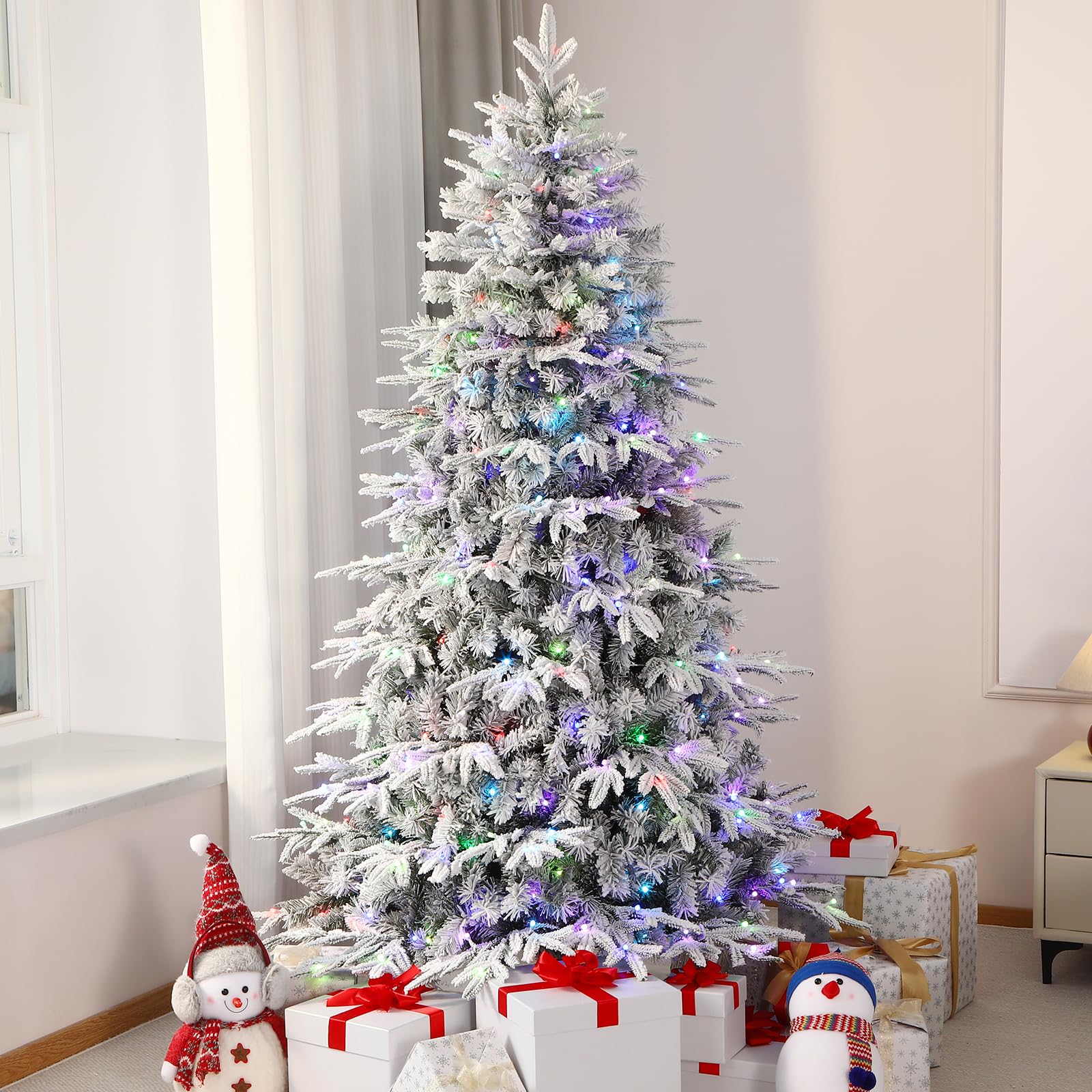 7.5ft Snow Flocked Layered Aspen Noble Fir Tree Artificial Christmas Tree with 400 RGB Lights Remote with 1465 Branch Tips - SHareconn