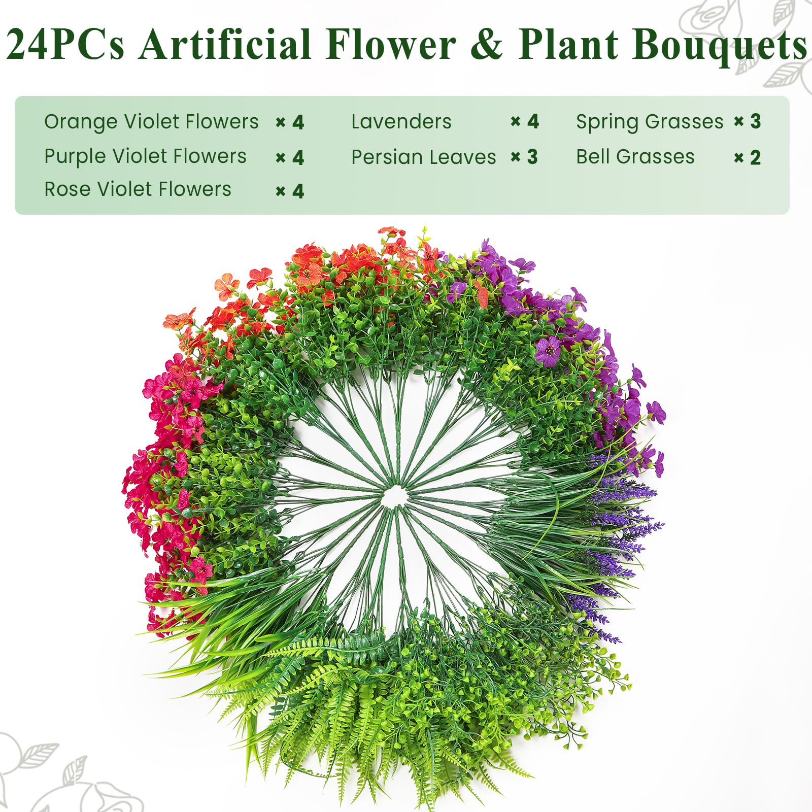 24 Bundles Artificial Flowers UV Resistant Eucalyptus Violet and Lavender- Orange Rose Purple - SHareconn