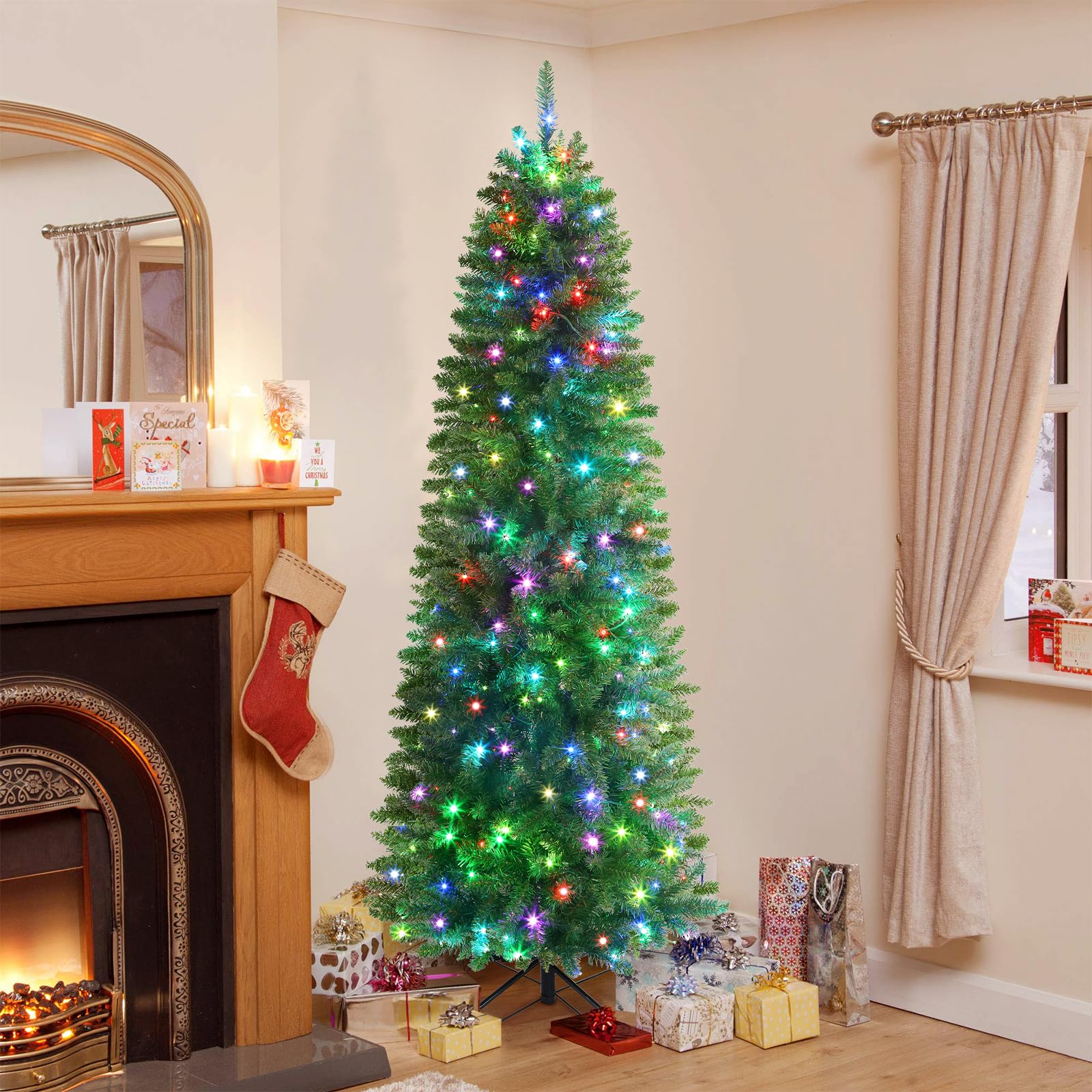 Pre-lit Classic Spruce Artificial Slim Pencil Christmas Trees with RGB Lights Remote - SHareconn