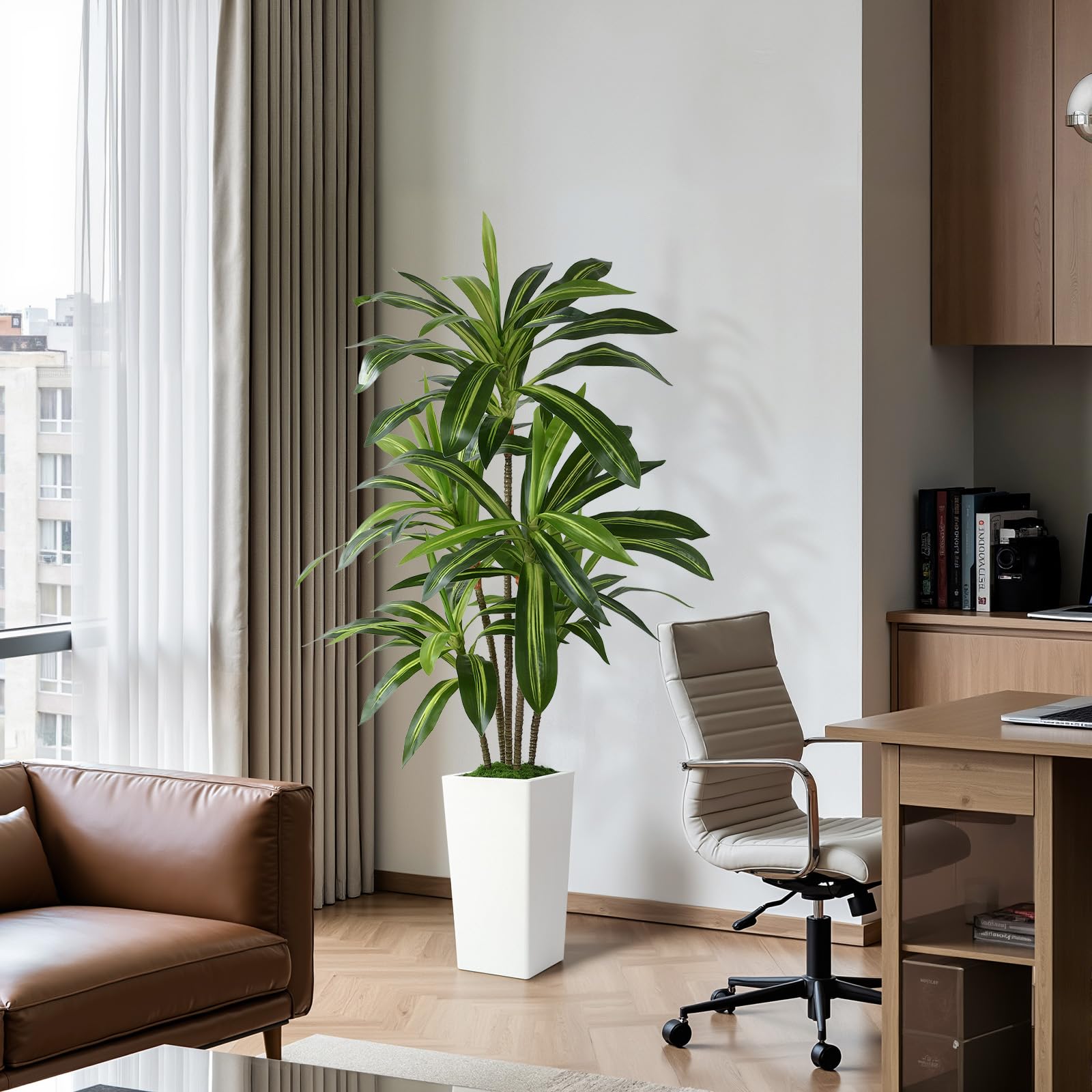 Artificial Dracaena Fake Tree with White High Pot