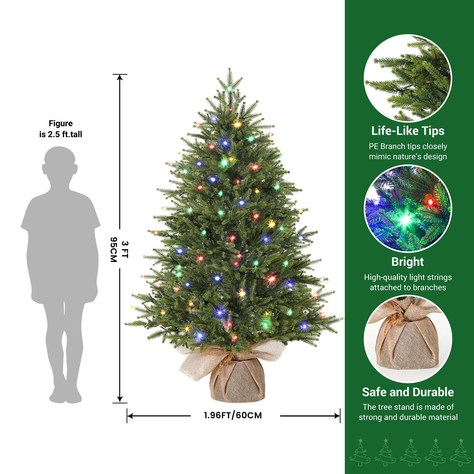 3ft Prelit Artificial Small Mini Christmas Tree with Color LED Lights - SHareconn