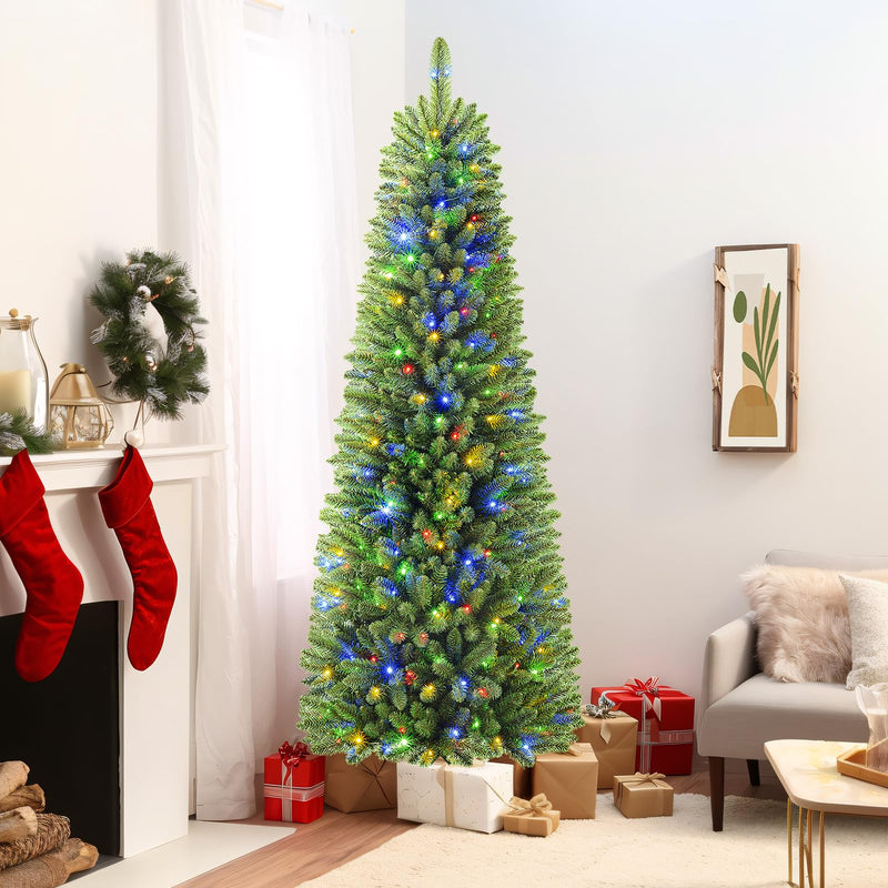 7ft artificial Pencil Spruce Christmas Tree by SHareconn with multi-color lights and remote control, decorated with ornaments and greenery.