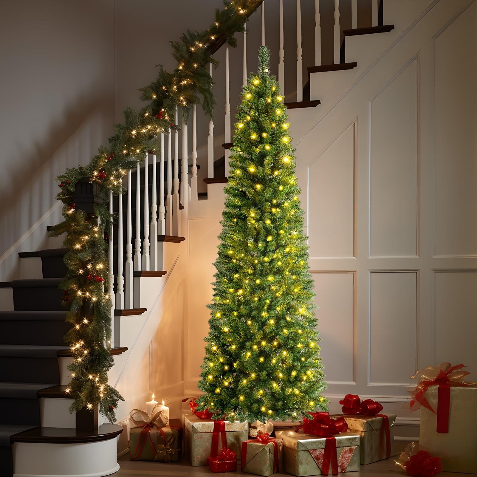 4ft Premium Prelit Warm White & Multi-Color Lights Artificial Hinged Slim Pencil Christmas Tree with Remote Control - SHareconn