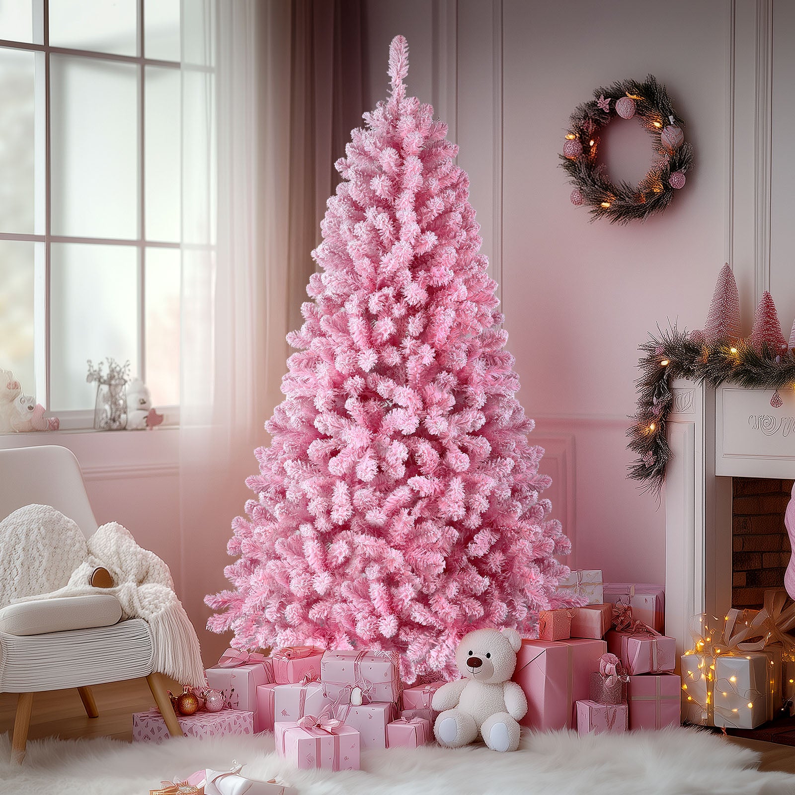 7.5ft Prelit 350 Warm White Lights Snow Flocked Artificial Holiday Christmas Tree-Pink - SHareconn