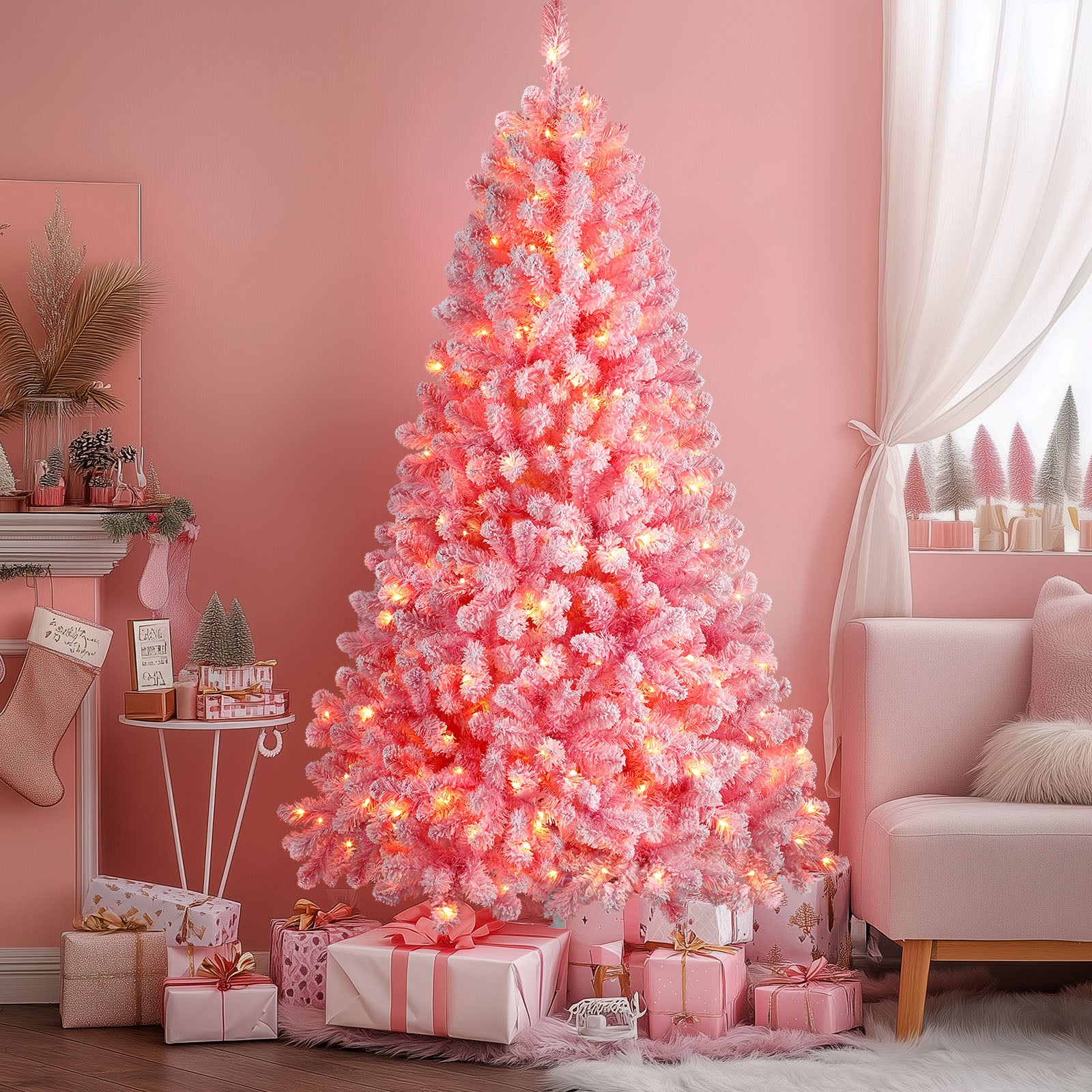 7.5ft Prelit 350 Warm White Lights Snow Flocked Artificial Holiday Christmas Tree-Pink - SHareconn