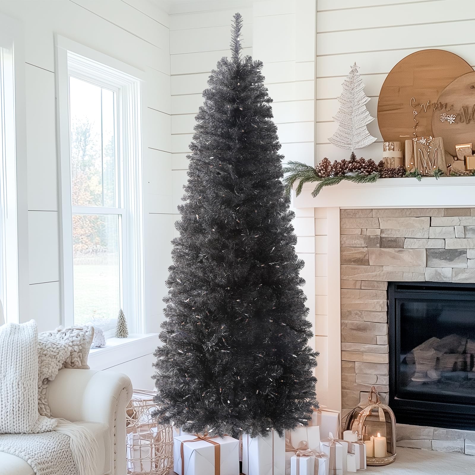 SHareconn 4ft Prelit Artificial Hinged Slim Pencil Christmas Tree with Warm White Lights, Full Branch Tips, Perfect Choice Decoration for Xmas Holiday, 4 FT, Black - SHareconn