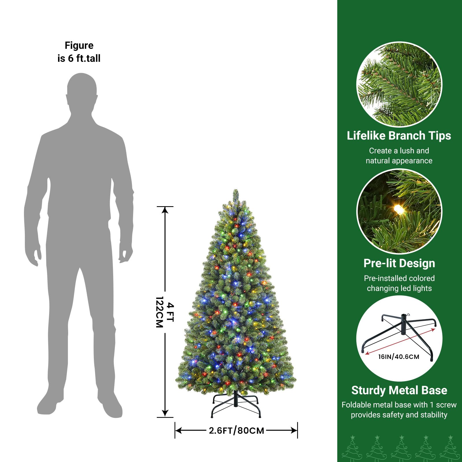 SHareconn 4ft Prelit Premium Artificial Hinged Christmas Tree with 170 Warm White & Multi-Color Lights, 414 Branch Tips and Foldable Metal Stand, Perfect Choice for Xmas Decoration, 4 FT, Green - SHareconn