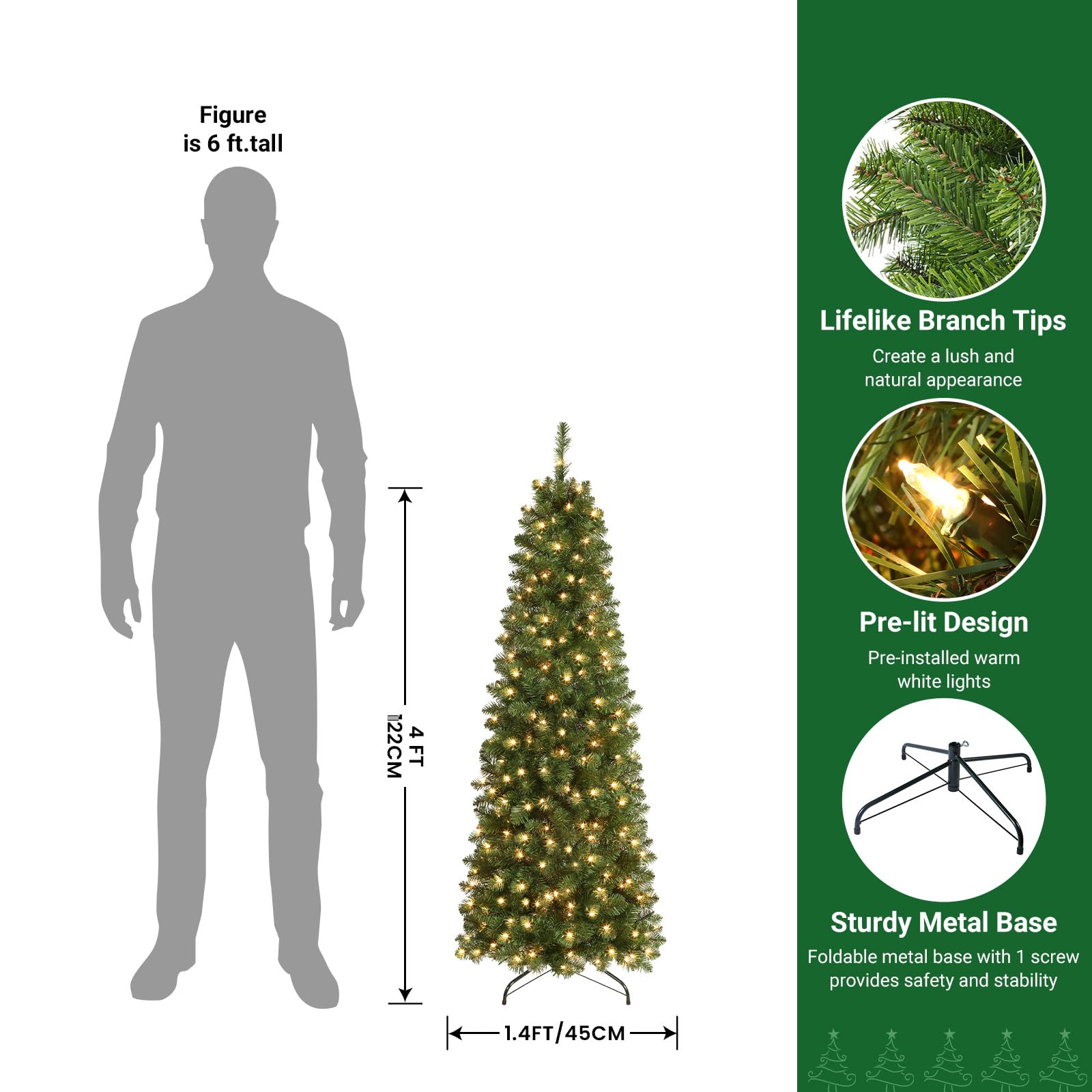 SHareconn 4ft Artificial Hinged Slim Pencil Prelit Christmas Tree with Lights, Warm White Light, The Perfect Choice of Decorations for Xmas Holiday, 4 Foot Pre Lit Christmas Tree, Green - SHareconn