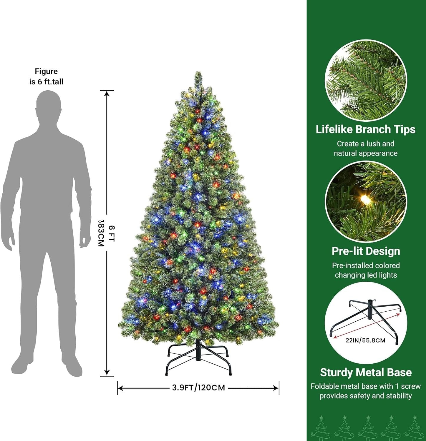 4-9ft Pre-lit Warm White & Multi-Color Lights Premium Artificial Hinged Christmas Tree - SHareconn