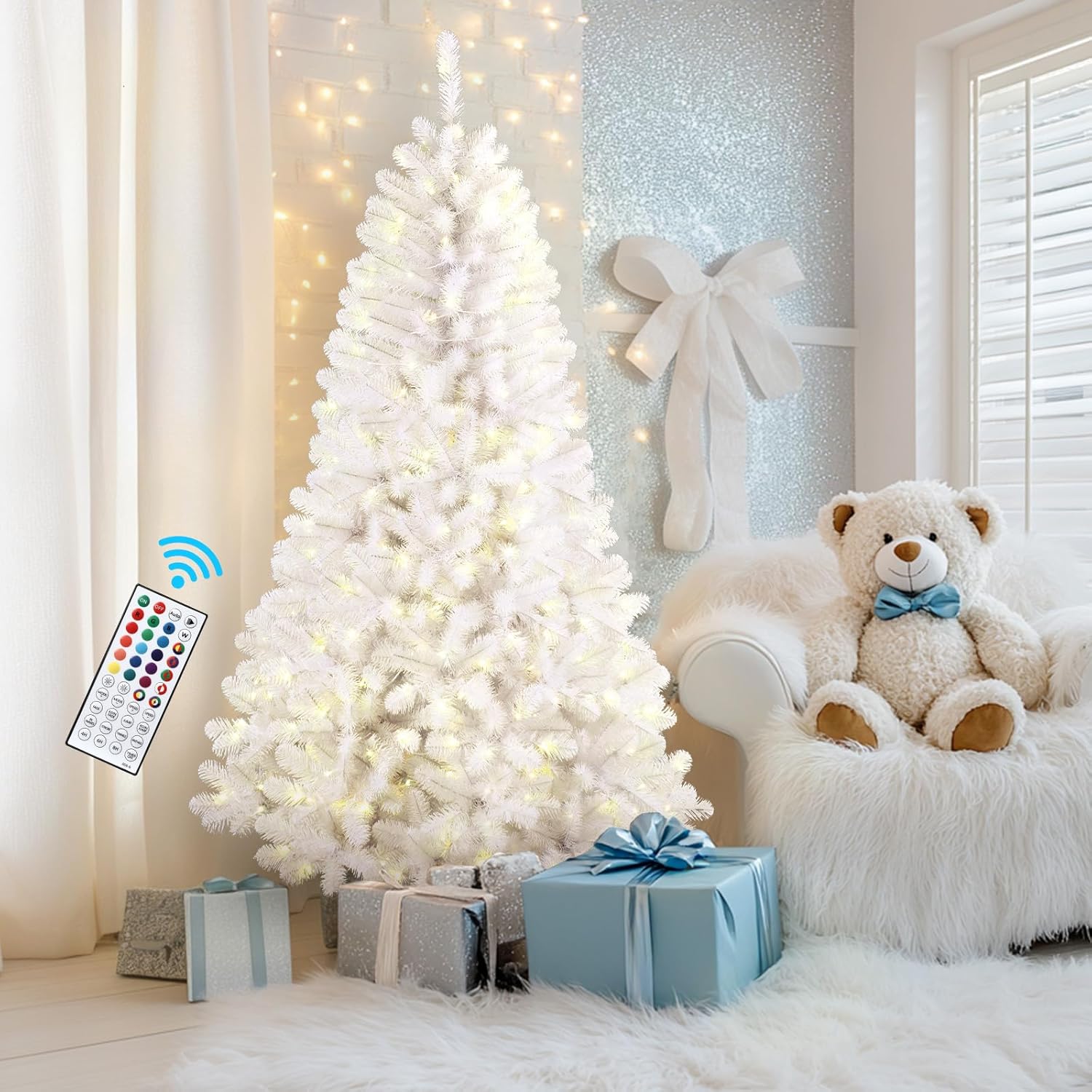Pre-lit Multi Color RGB Lights PVC Branch Premium Artificial Hinged Christmas Tree with Remote-Green - SHareconn