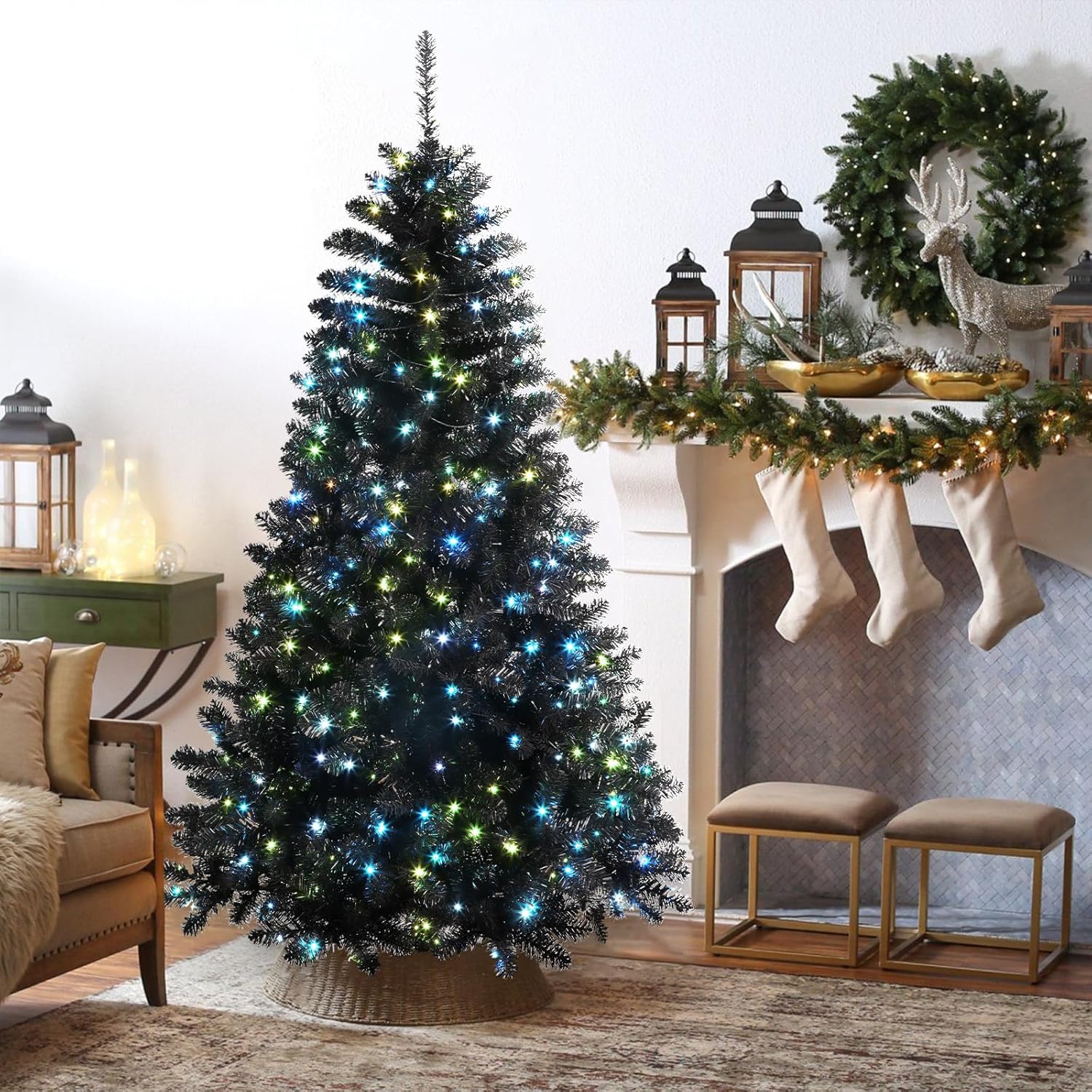 Pre-lit Multi Color RGB Lights PVC Branch Premium Artificial Hinged Christmas Tree with Remote-Green - SHareconn