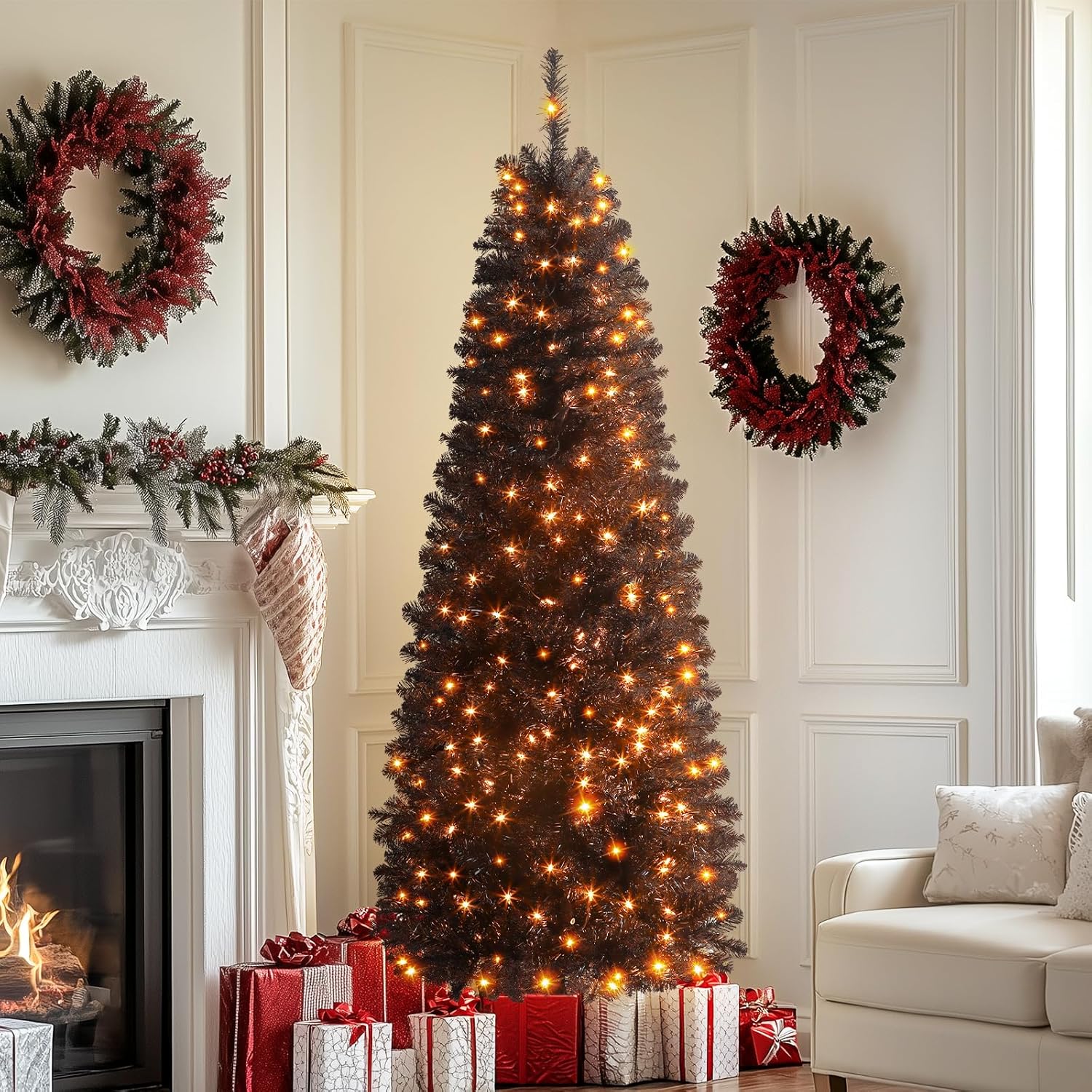 Pre-lit Warm White Lights Artificial Hinged Slim Pencil Christmas Tree - SHareconn