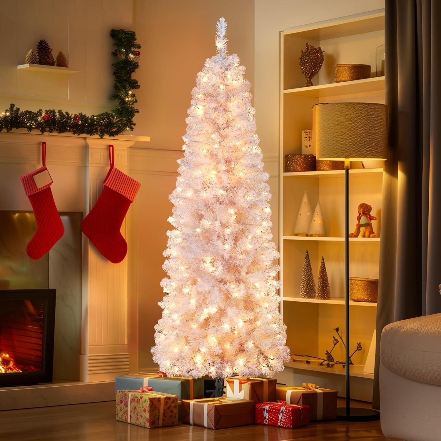 Pre-lit Warm White Lights Artificial Hinged Slim Pencil Christmas Tree - SHareconn