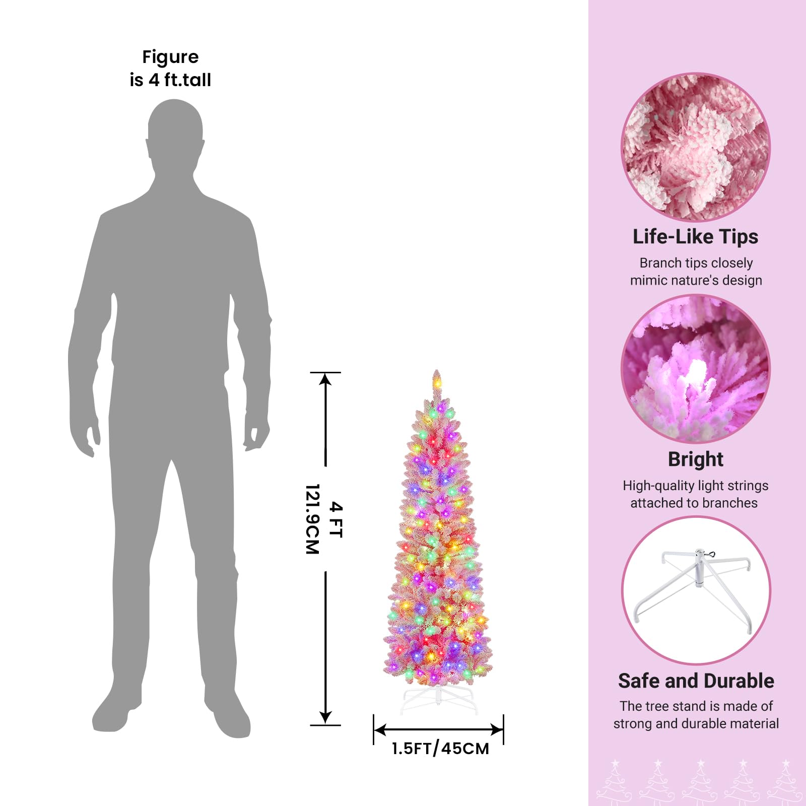 SHareconn 4ft Prelit Snow Flocked Artificial Hinged Slim Pencil Christmas Tree, with Remote Controlled Multi-Color RGB Lights, Full Branch Tips, Perfect Choice Decoration for Xmas Holiday, 4 FT, Pink - SHareconn
