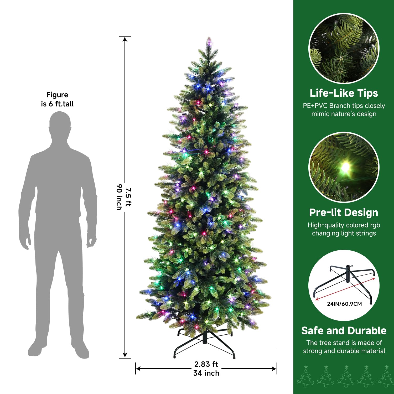 Prelit RGB Lights Artificial Hinged Christmas Tree with Remote Control - SHareconn