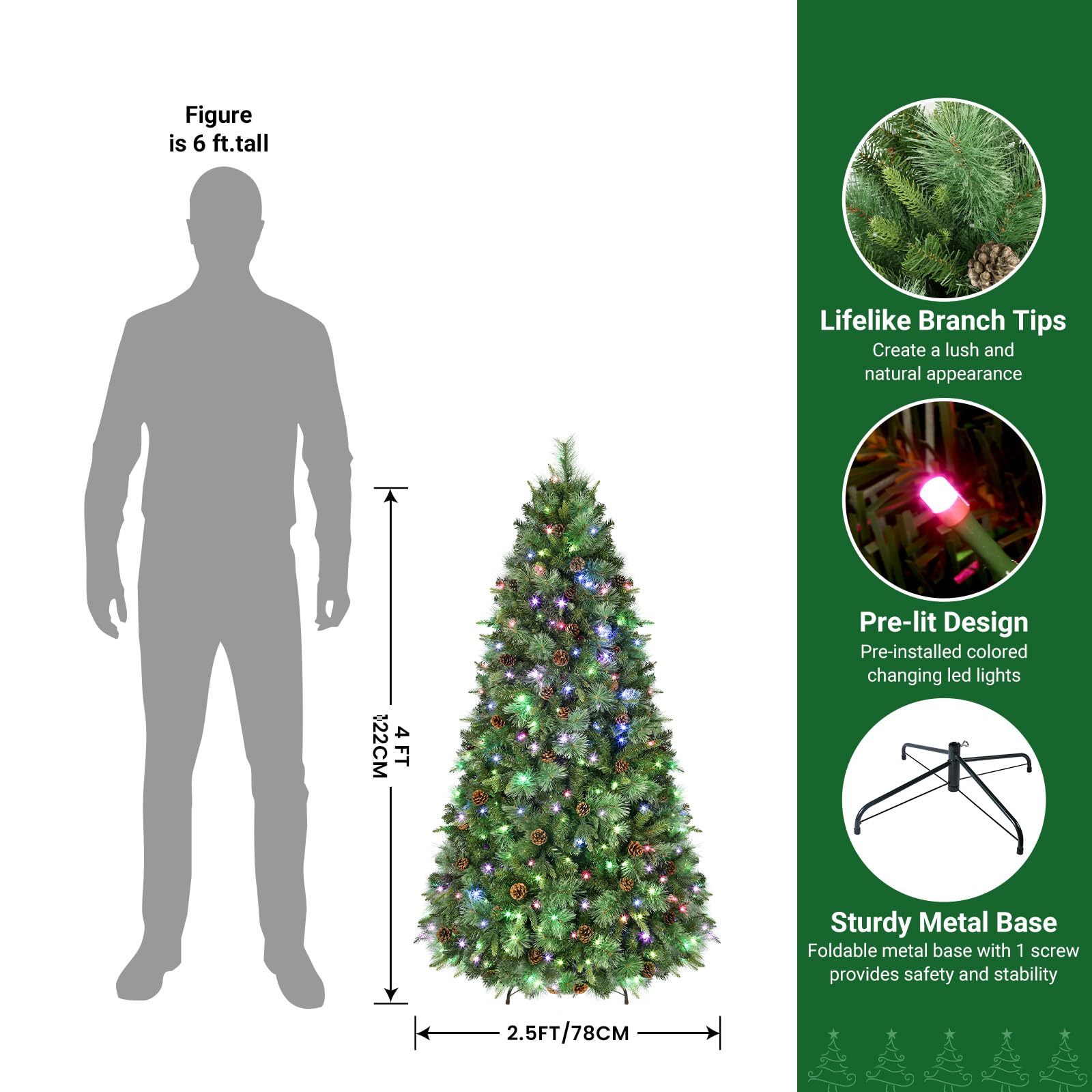 Prelit Led Color Changing RGB Lights Pine Cones Artificial Christmas Pine Tree with Remote Control - SHareconn