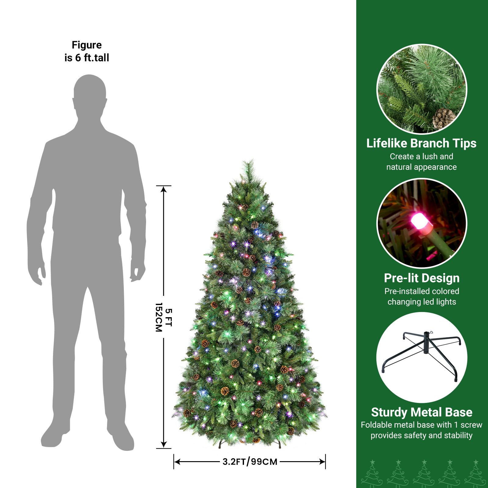 Prelit Led Color Changing RGB Lights Pine Cones Artificial Christmas Pine Tree with Remote Control - SHareconn