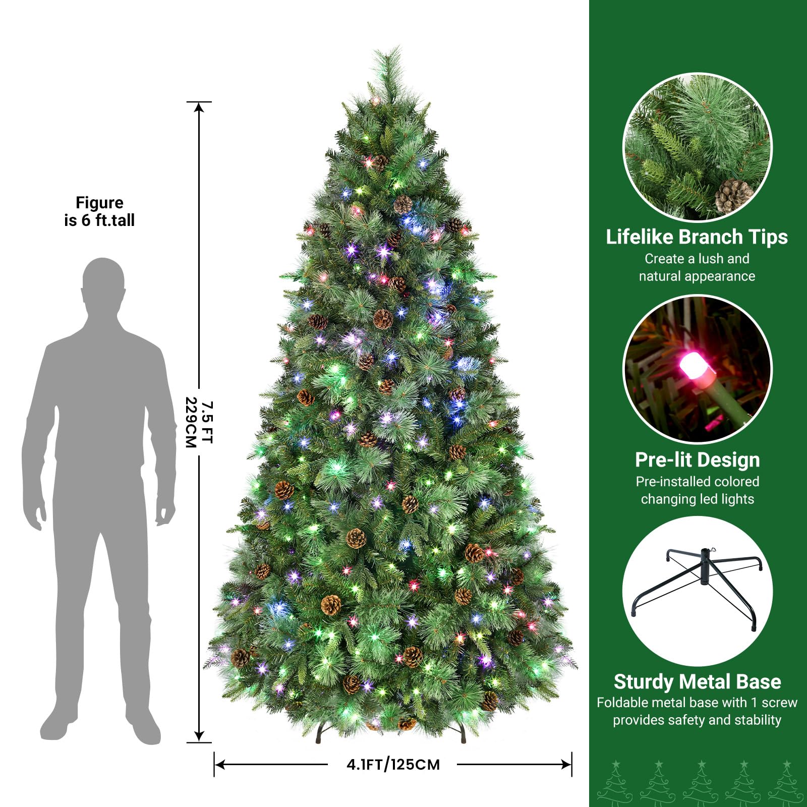 Prelit Led Color Changing RGB Lights Pine Cones Artificial Christmas Pine Tree with Remote Control - SHareconn