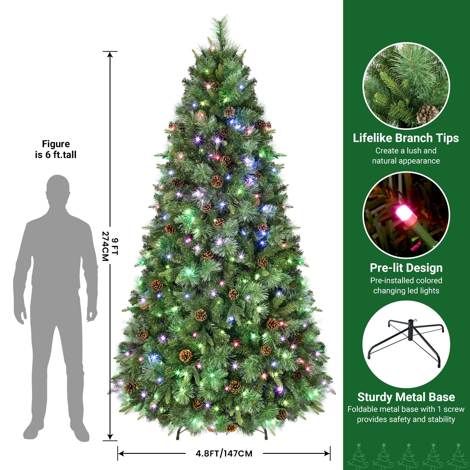 Prelit Led Color Changing RGB Lights Pine Cones Artificial Christmas Pine Tree with Remote Control - SHareconn