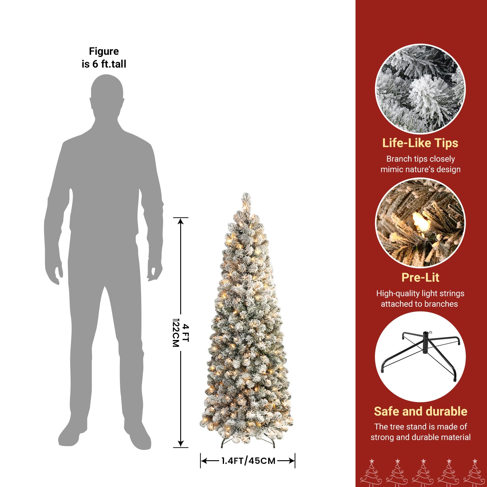 Prelit Warm White Lights Snow Flocked Artificial Hinged Slim Pencil Christmas Tree - SHareconn