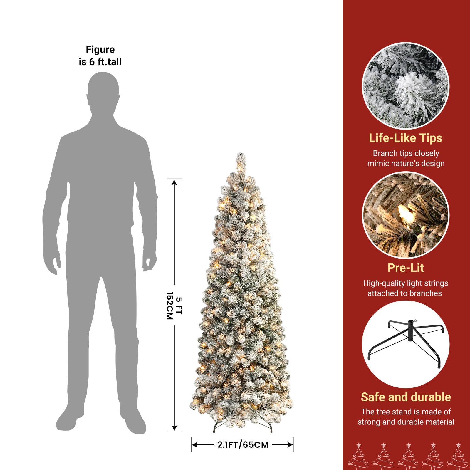 Prelit Warm White Lights Snow Flocked Artificial Hinged Slim Pencil Christmas Tree - SHareconn