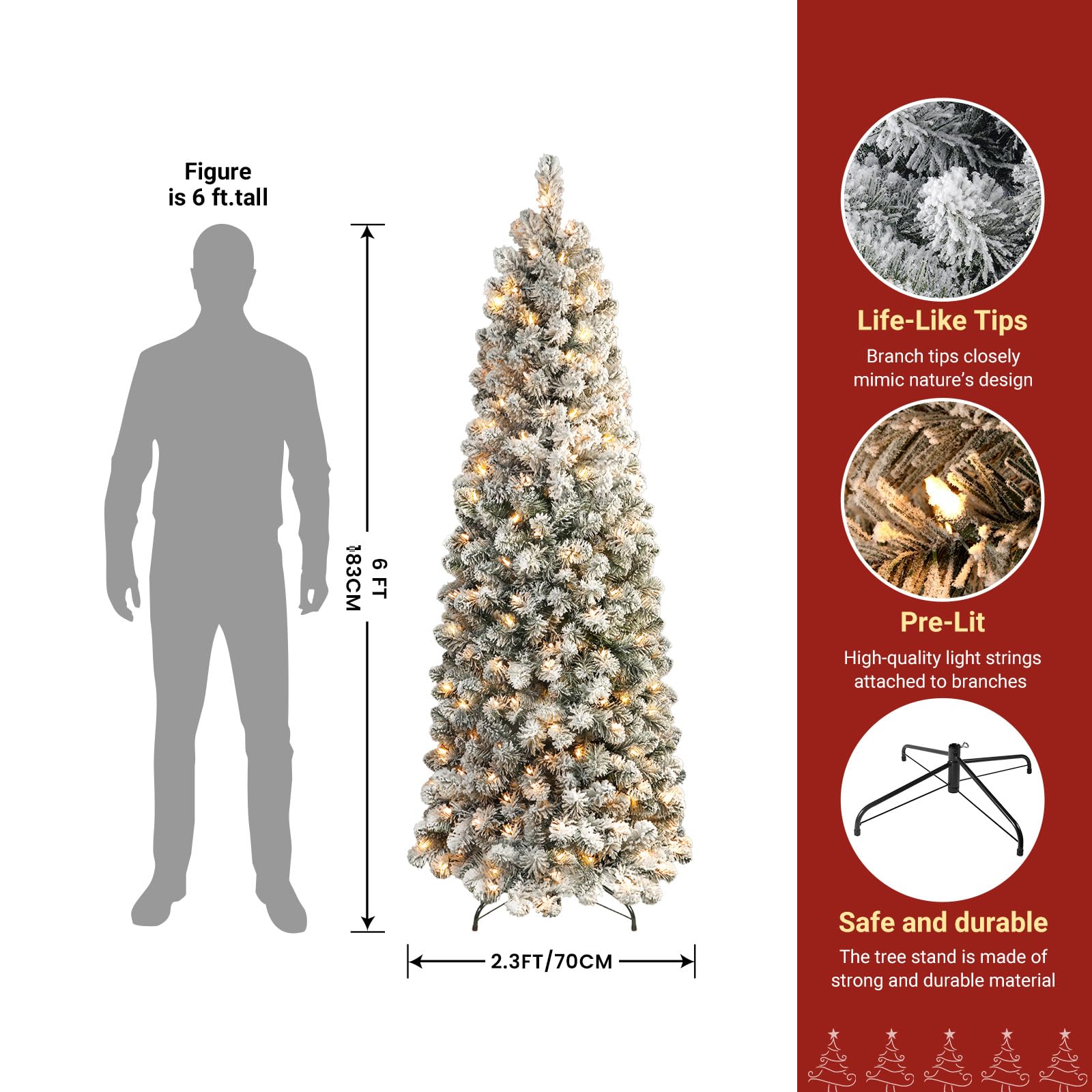 Prelit Warm White Lights Snow Flocked Artificial Hinged Slim Pencil Christmas Tree - SHareconn