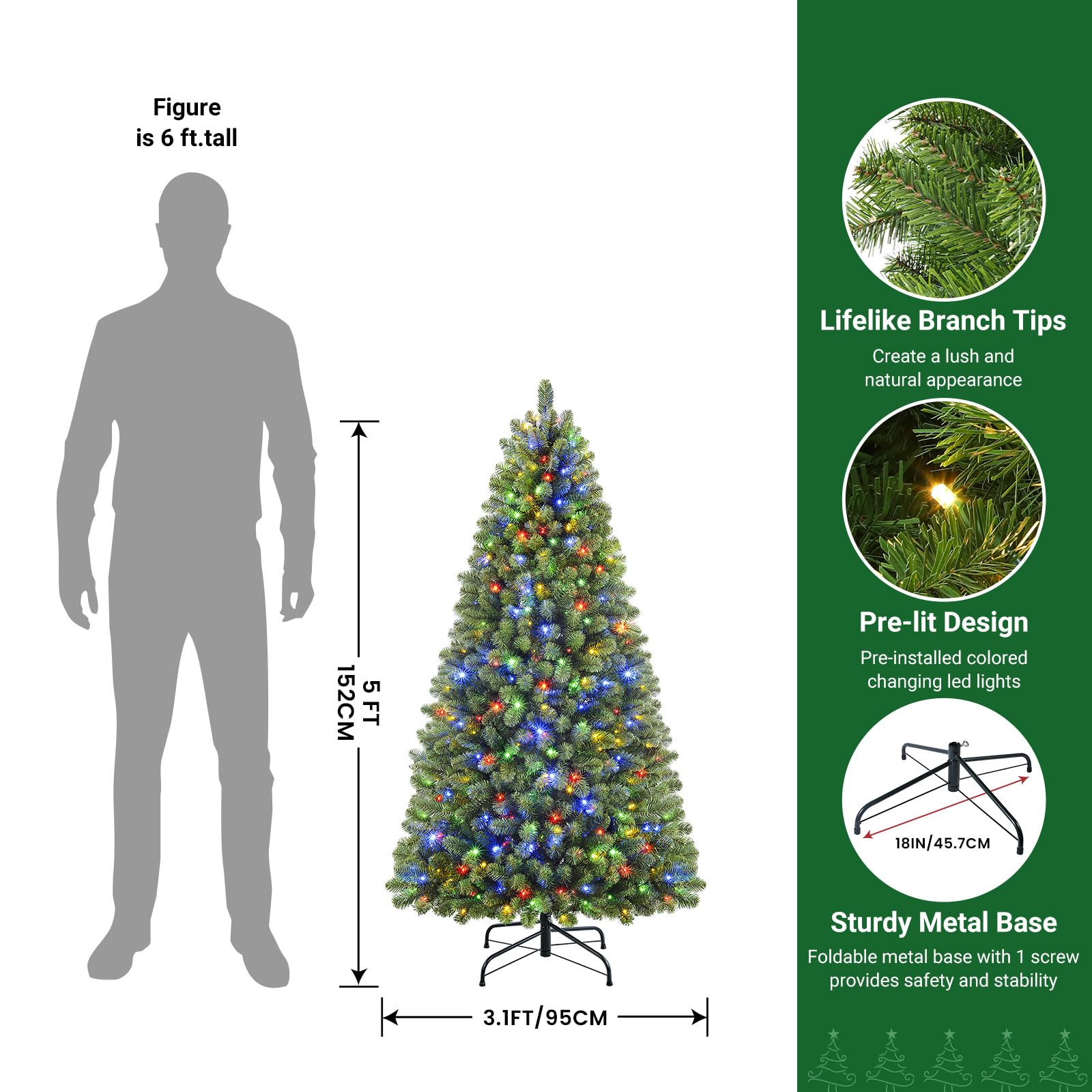 SHareconnLife 5ft Prelit Premium Artificial Hinged Christmas Tree with Remote Control,Timer, and 250 Warm White & Color LED Changing Lights, 624 Branch Tips, Perfect Choice for Xmas Decoration, 5 FT - SHareconn