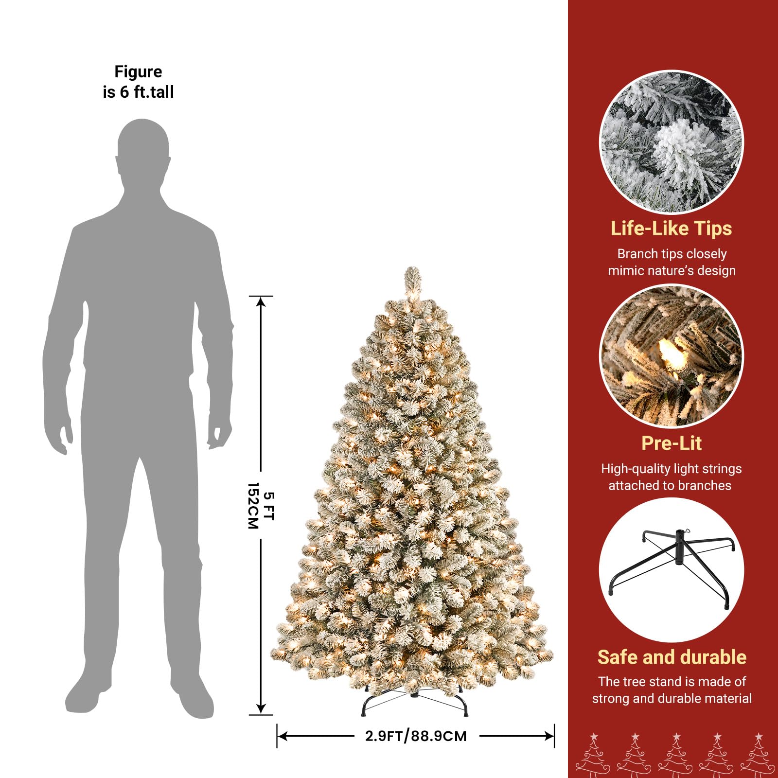 5ft Prelit Warm White Lights Snow Flocked Artificial Holiday Christmas Tree - SHareconn
