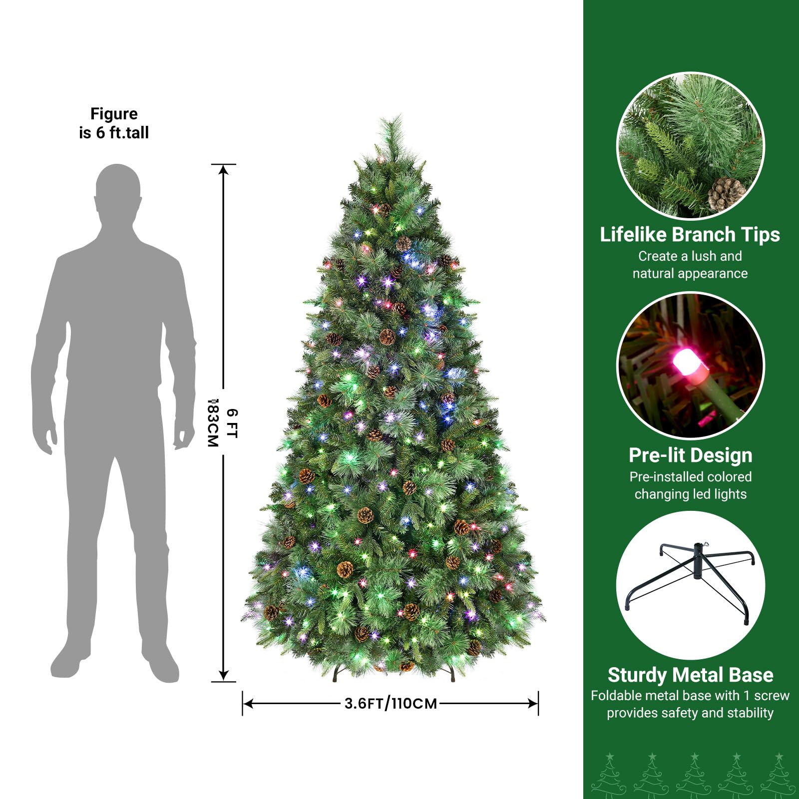 6ft Prelit Led Color Changing RGB Lights Pine Cones Artificial Christmas Pine Tree with Remote Control - SHareconn