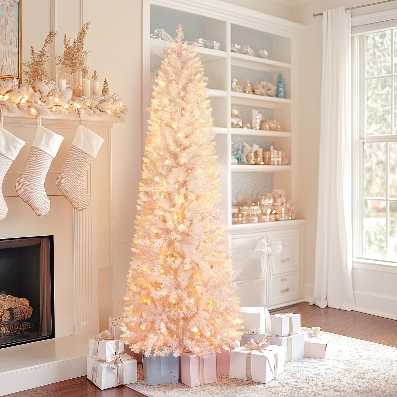 SHareconn 6ft Prelit Artificial Hinged Slim Pencil Christmas Tree, with Remote Controlled Multi-Color RGB Lights, Full Branch Tips, Perfect Choice Decoration for Xmas Holiday, 6 FT, White - SHareconn